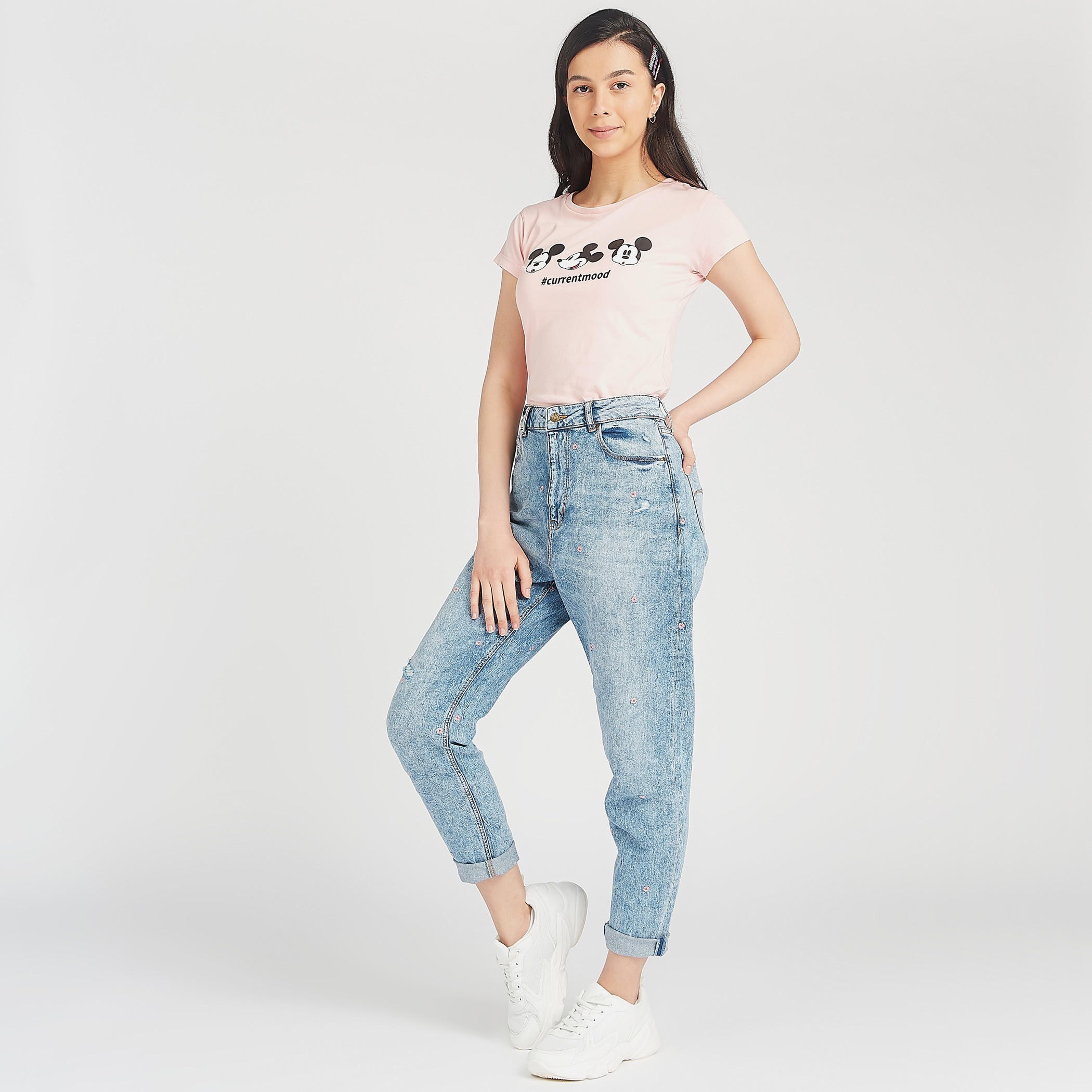 Mickey Mouse Print Crew Neck T-shirt with Cap Sleeves-women-clothing-tshirts-image-5