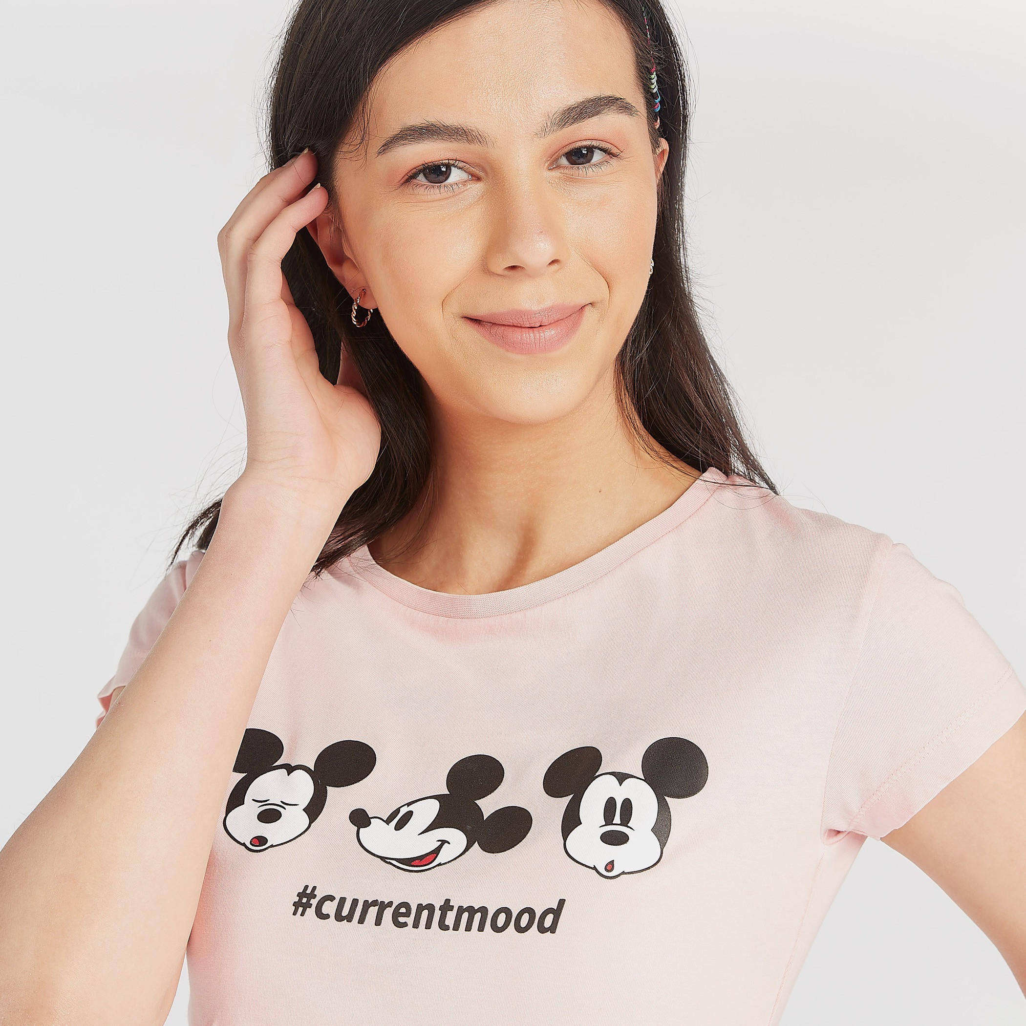 Mickey Mouse Print Crew Neck T-shirt with Cap Sleeves-women-clothing-tshirts-image-6