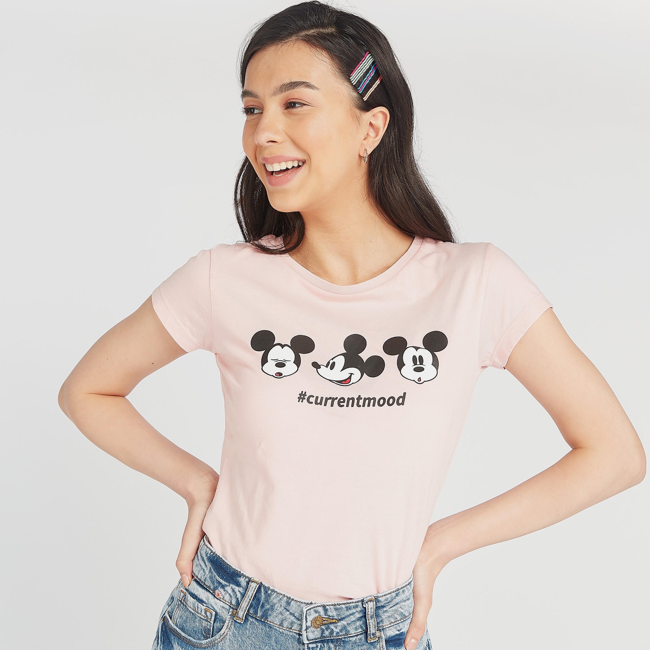 Mickey Mouse Print Crew Neck T-shirt with Cap Sleeves-women-clothing-tshirts-image-7