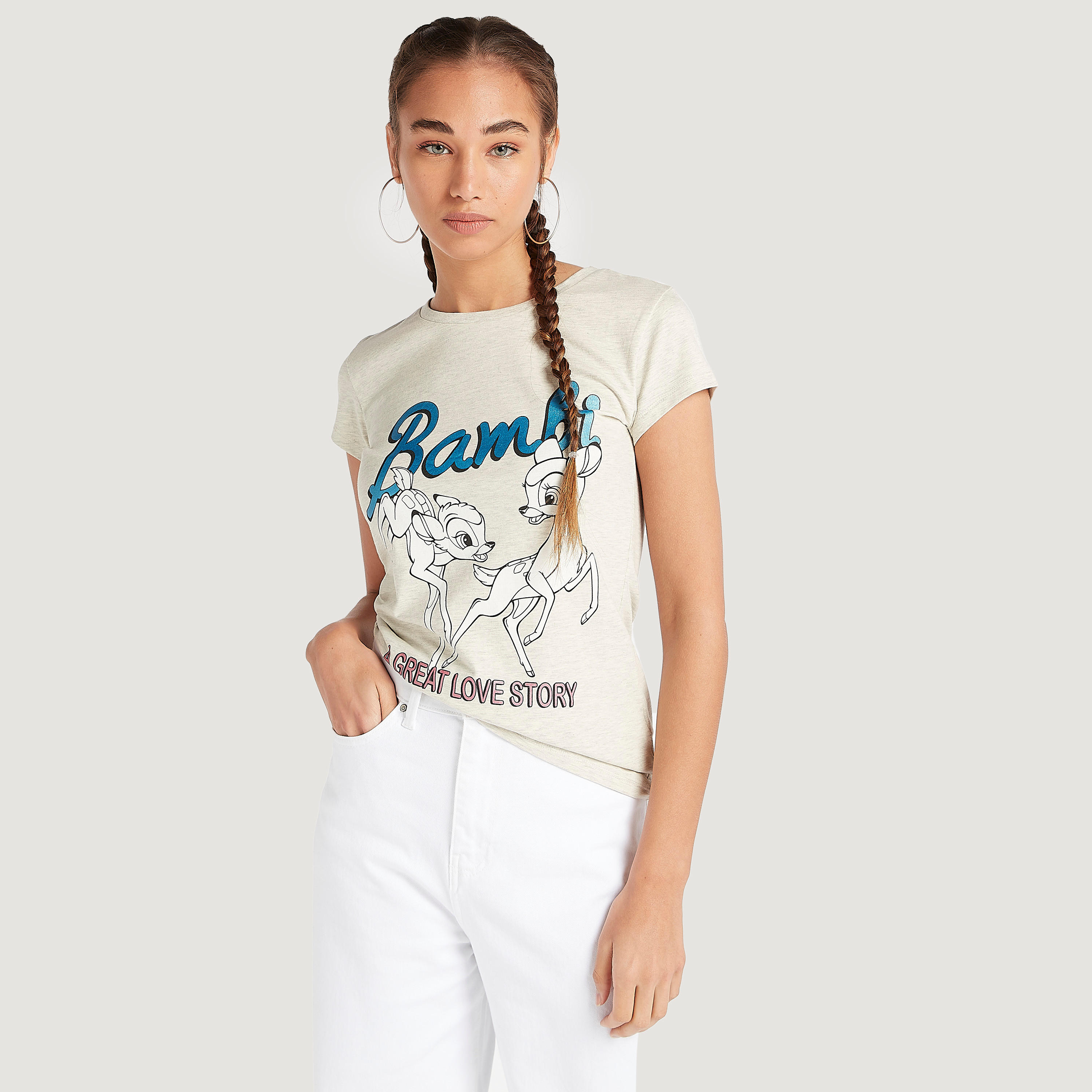 Bambi Print T-shirt with Cap Sleeves and Crew Neck-women-clothing-tshirts-image-1