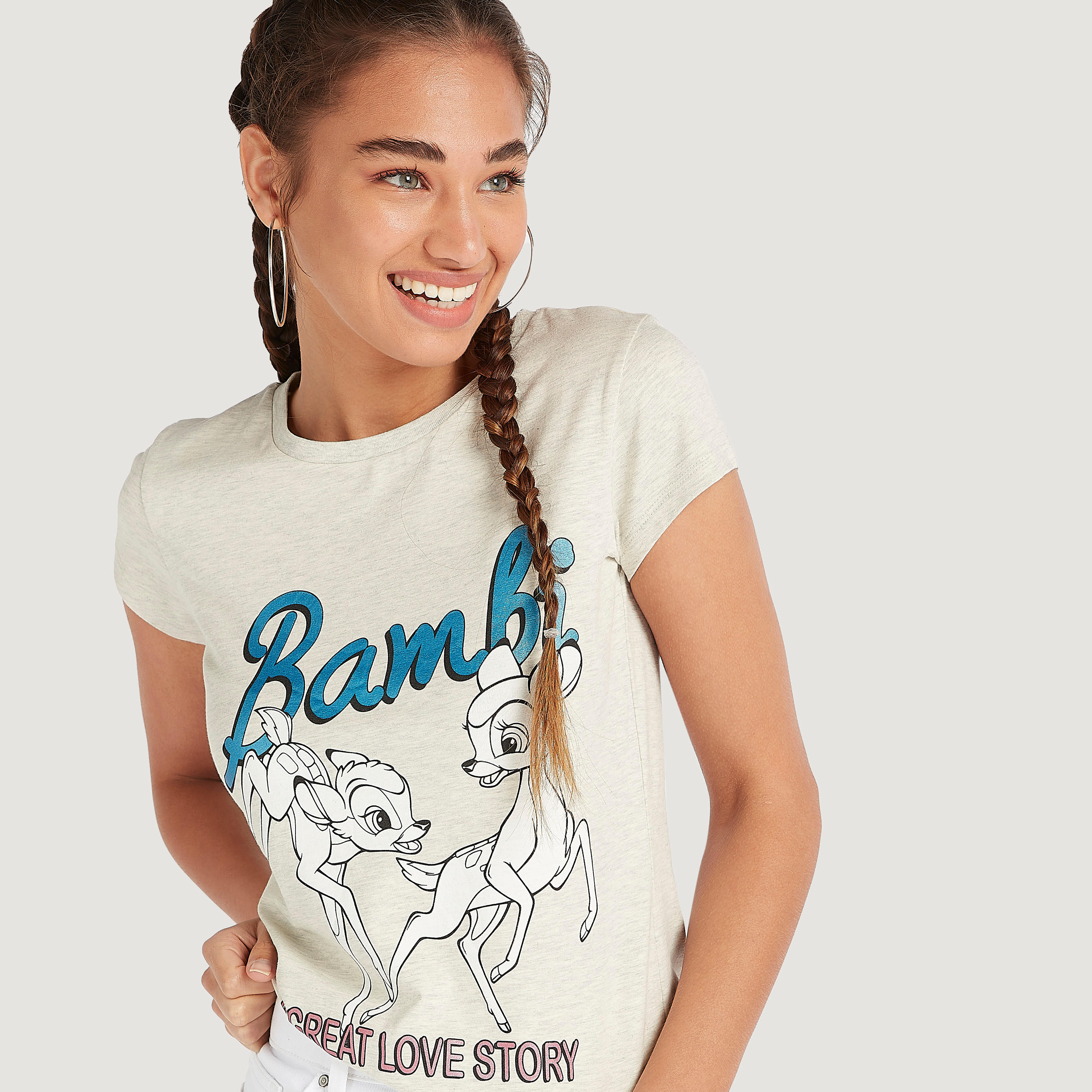 Bambi Print T-shirt with Cap Sleeves and Crew Neck-women-clothing-tshirts-image-3