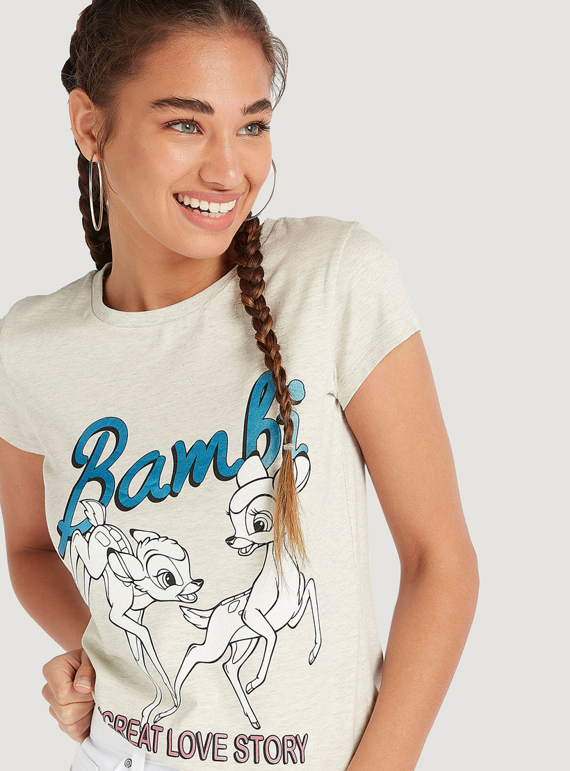 Bambi Print T-shirt with Cap Sleeves and Crew Neck-women-clothing-tshirts-image-3