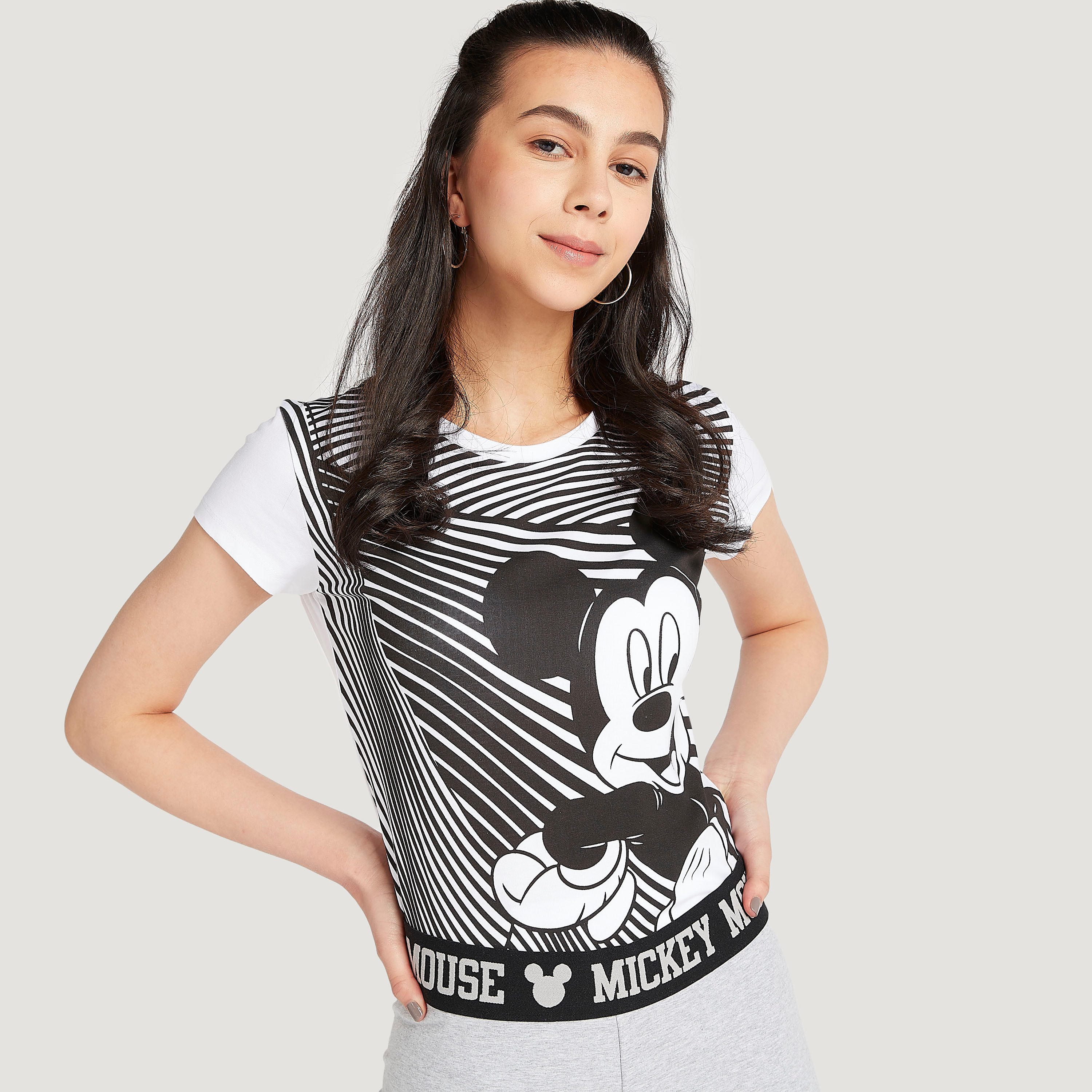 Mickey Mouse Print T-shirt with Cap Sleeves and Crew Neck-women-clothing-tshirts-image-1