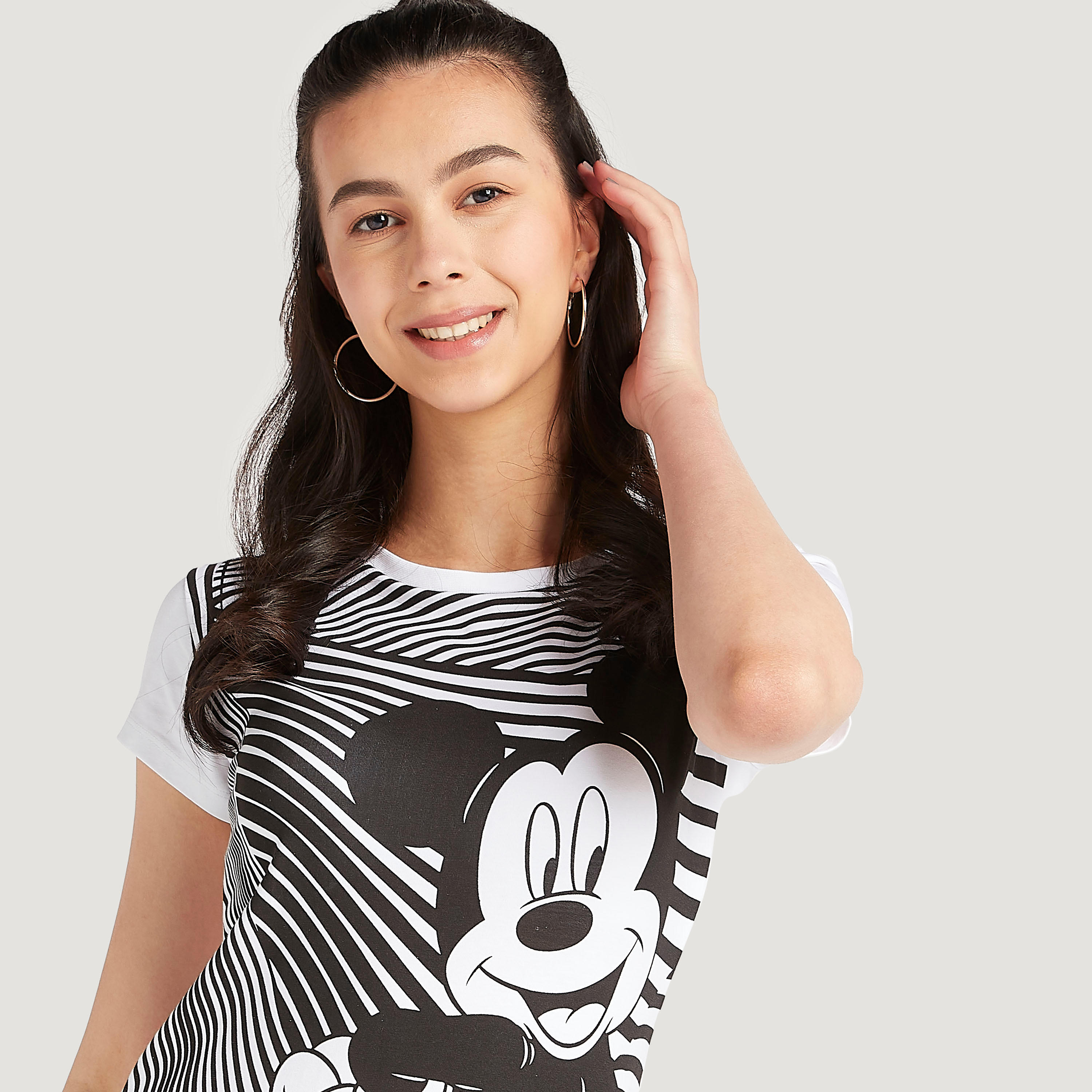 Mickey Mouse Print T-shirt with Cap Sleeves and Crew Neck-women-clothing-tshirts-image-3