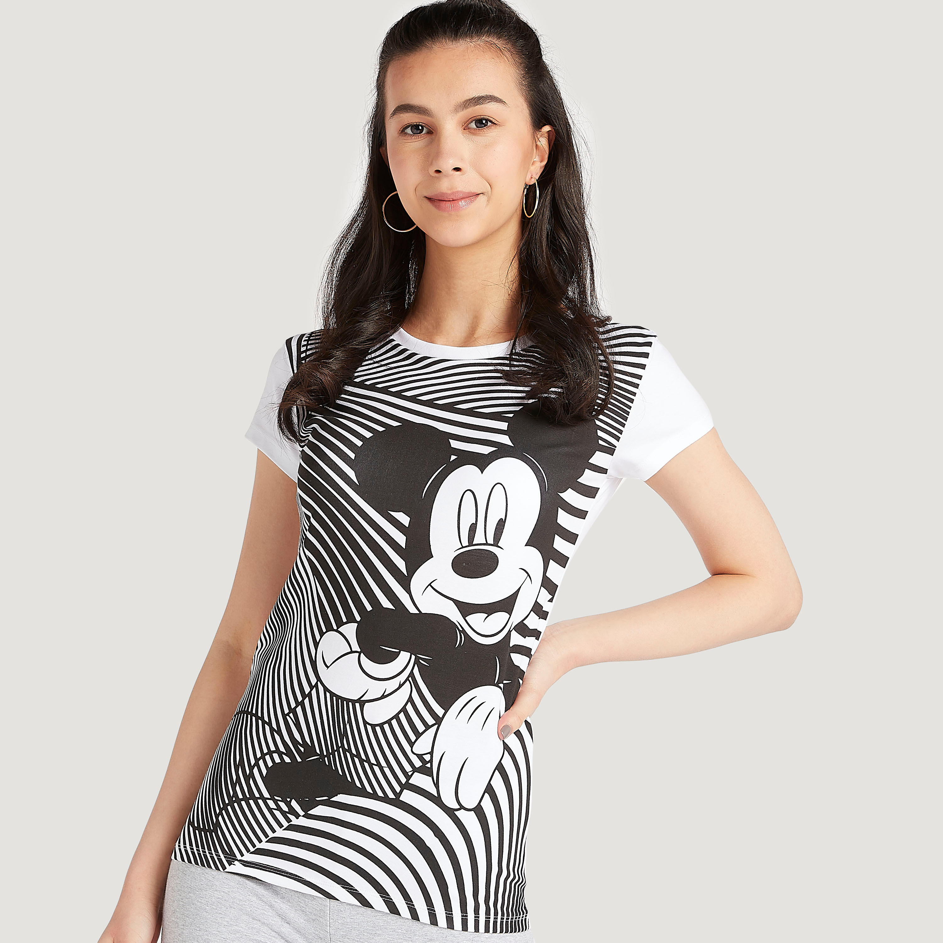 Mickey Mouse Print T-shirt with Cap Sleeves and Crew Neck-women-clothing-tshirts-image-5