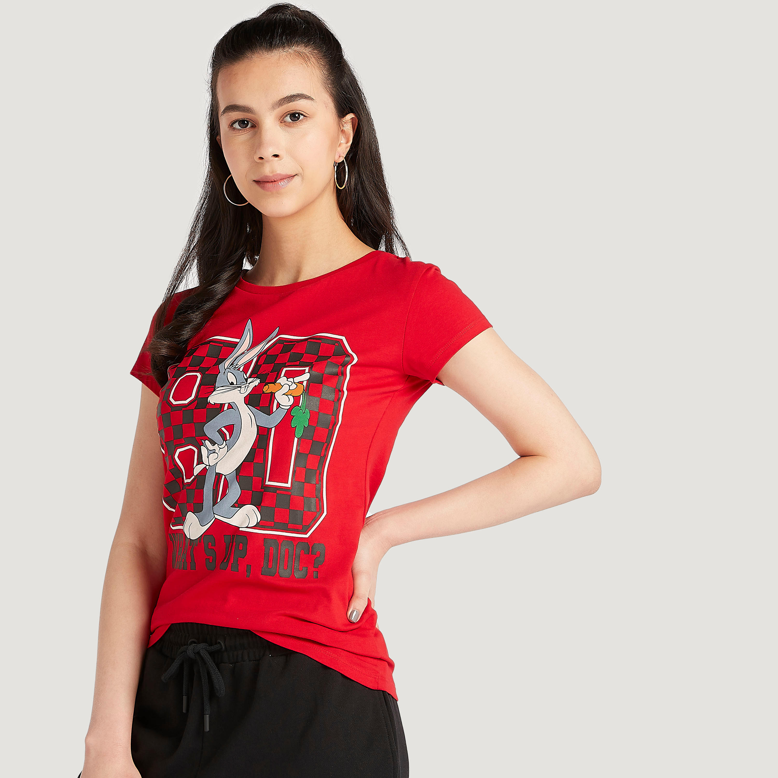 Printed Crew Neck T-shirt with Cap Sleeves-women-clothing-tshirts-image-1