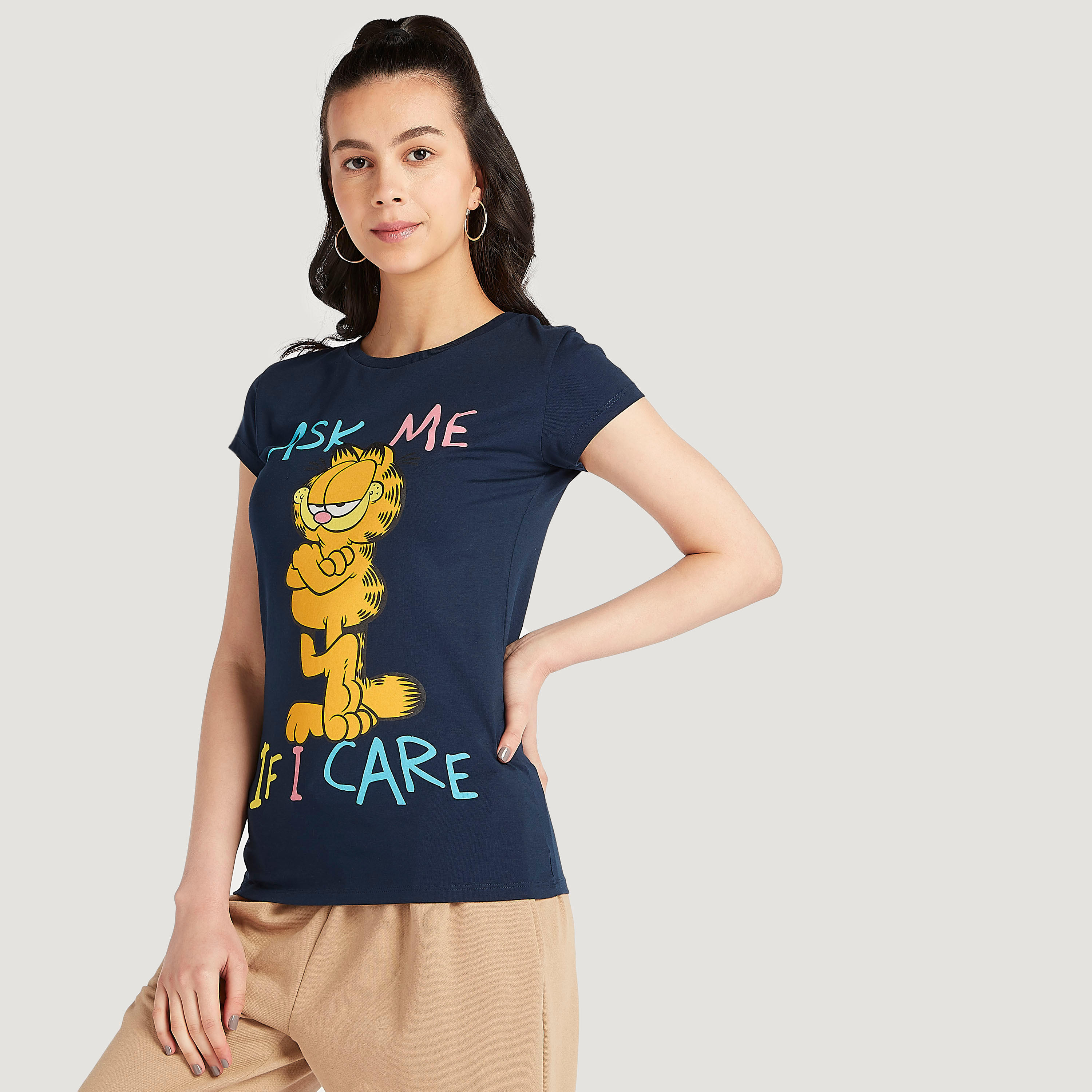 Garfield Print Crew Neck T-shirt with Cap Sleeves-women-clothing-tshirts-image-1
