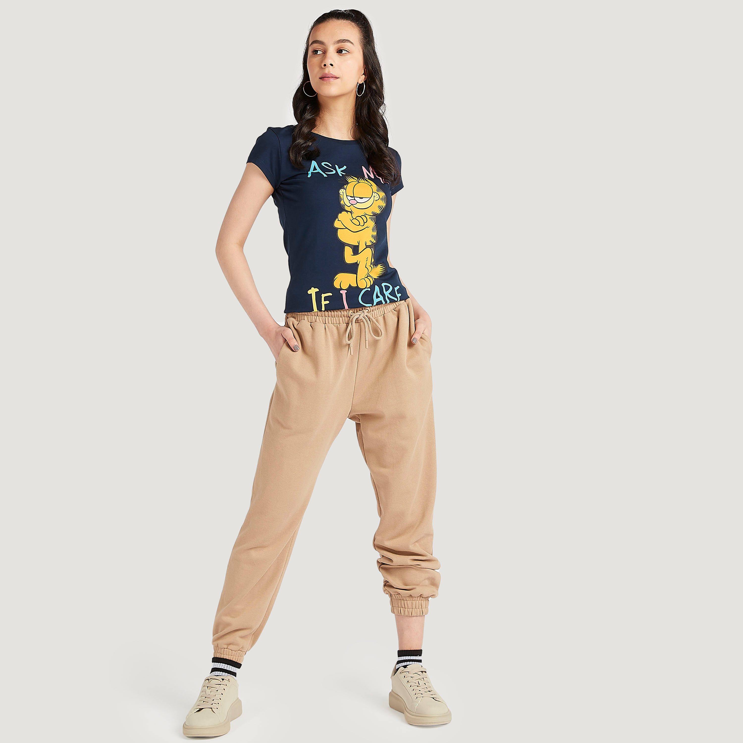 Garfield Print Crew Neck T-shirt with Cap Sleeves-women-clothing-tshirts-image-2