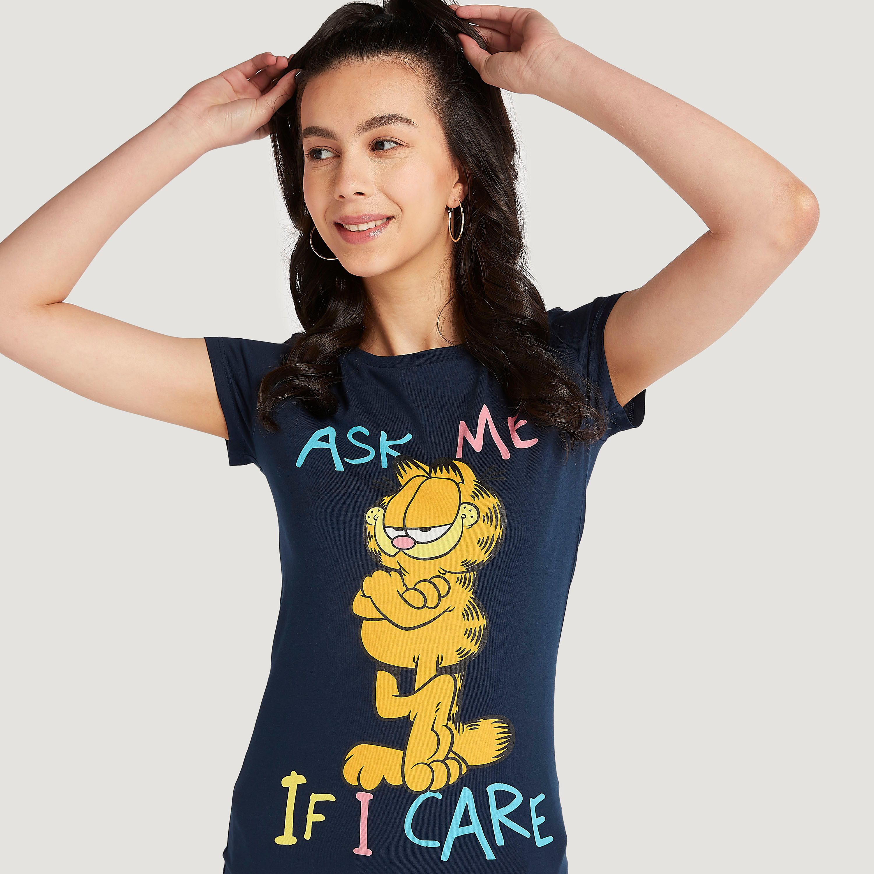 Garfield Print Crew Neck T-shirt with Cap Sleeves-women-clothing-tshirts-image-3