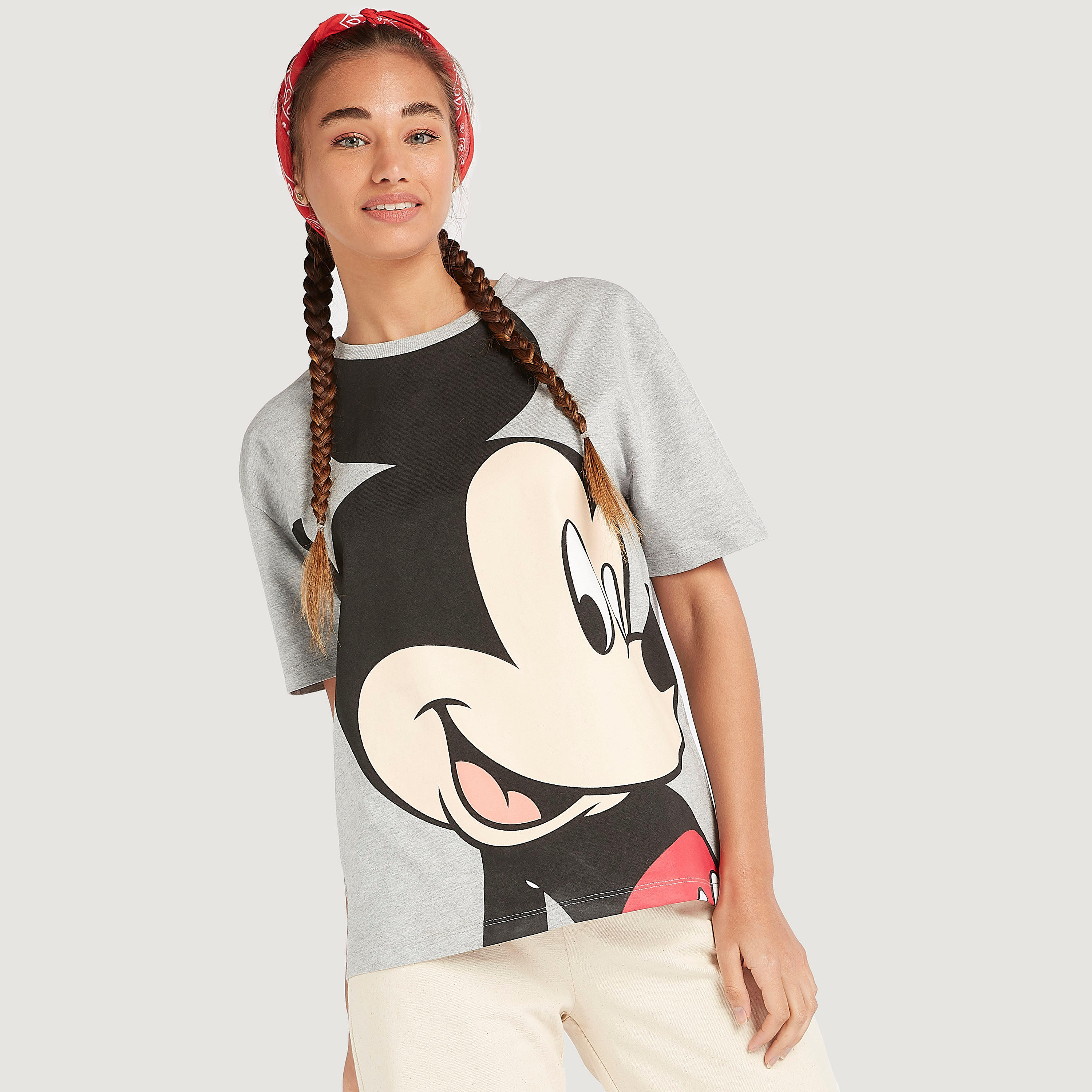 Mickey Mouse Print T-shirt with Short Sleeves and Crew Neck-women-clothing-tshirts-image-5