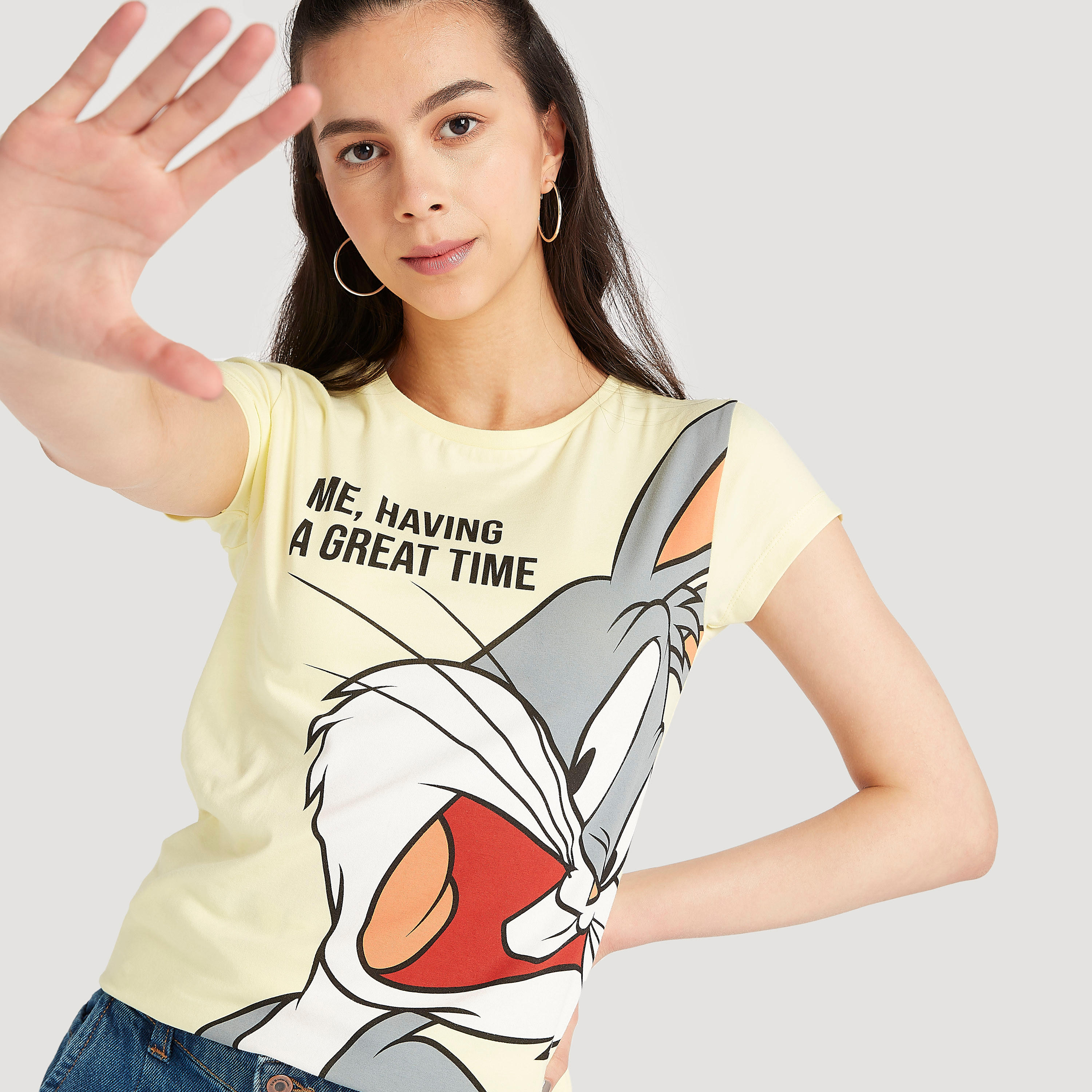 Bugs Bunny Print T-shirt with Cap Sleeves and Crew Neck-women-clothing-tshirts-image-1