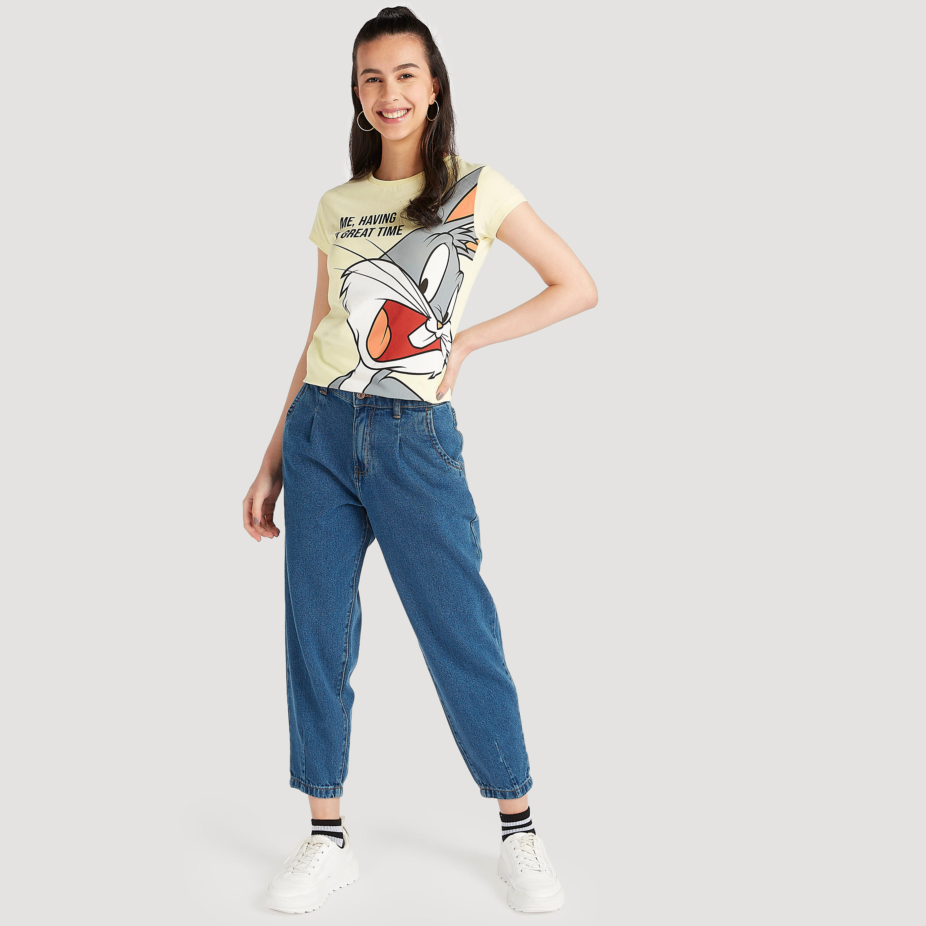 Bugs Bunny Print T-shirt with Cap Sleeves and Crew Neck-women-clothing-tshirts-image-2