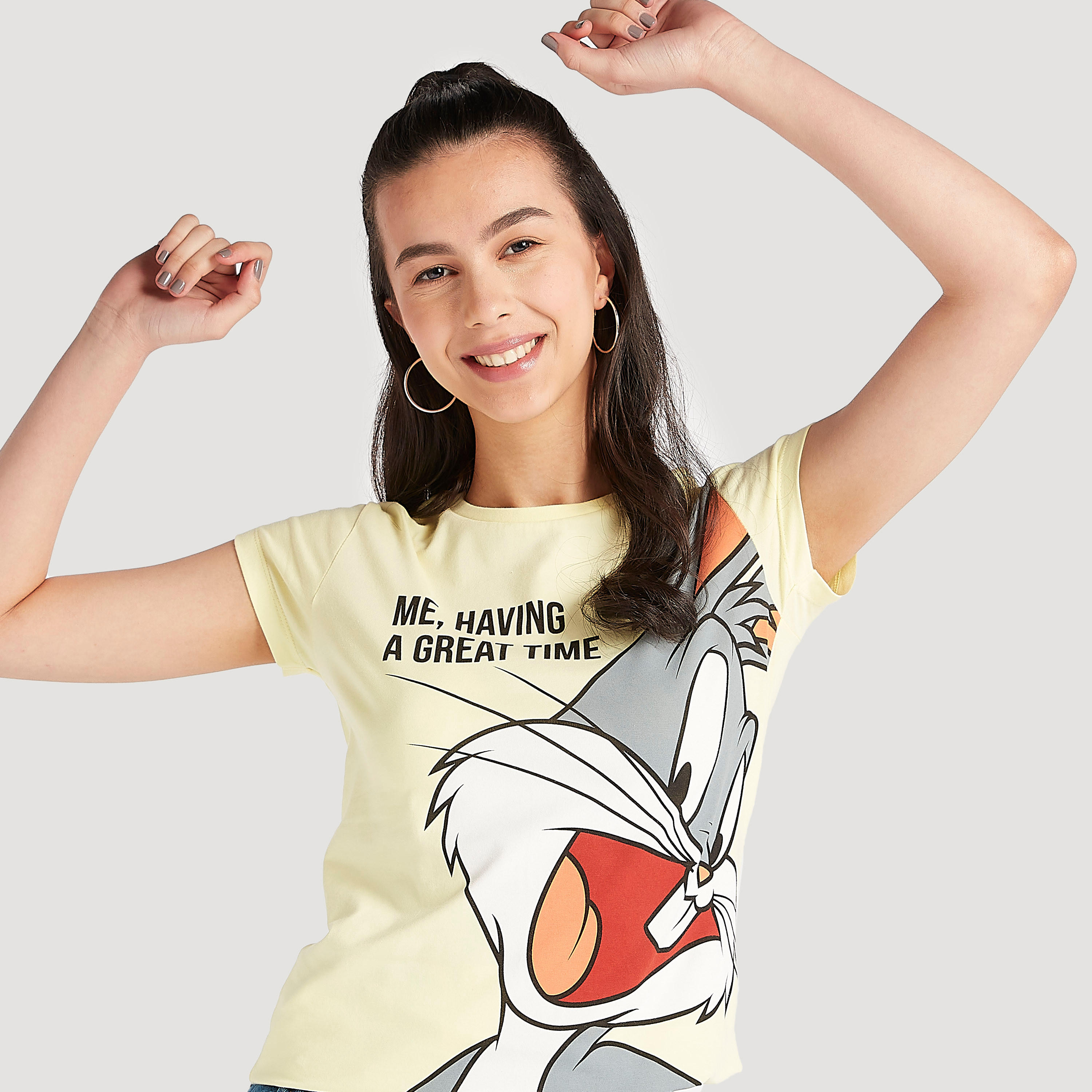 Bugs Bunny Print T-shirt with Cap Sleeves and Crew Neck-women-clothing-tshirts-image-3