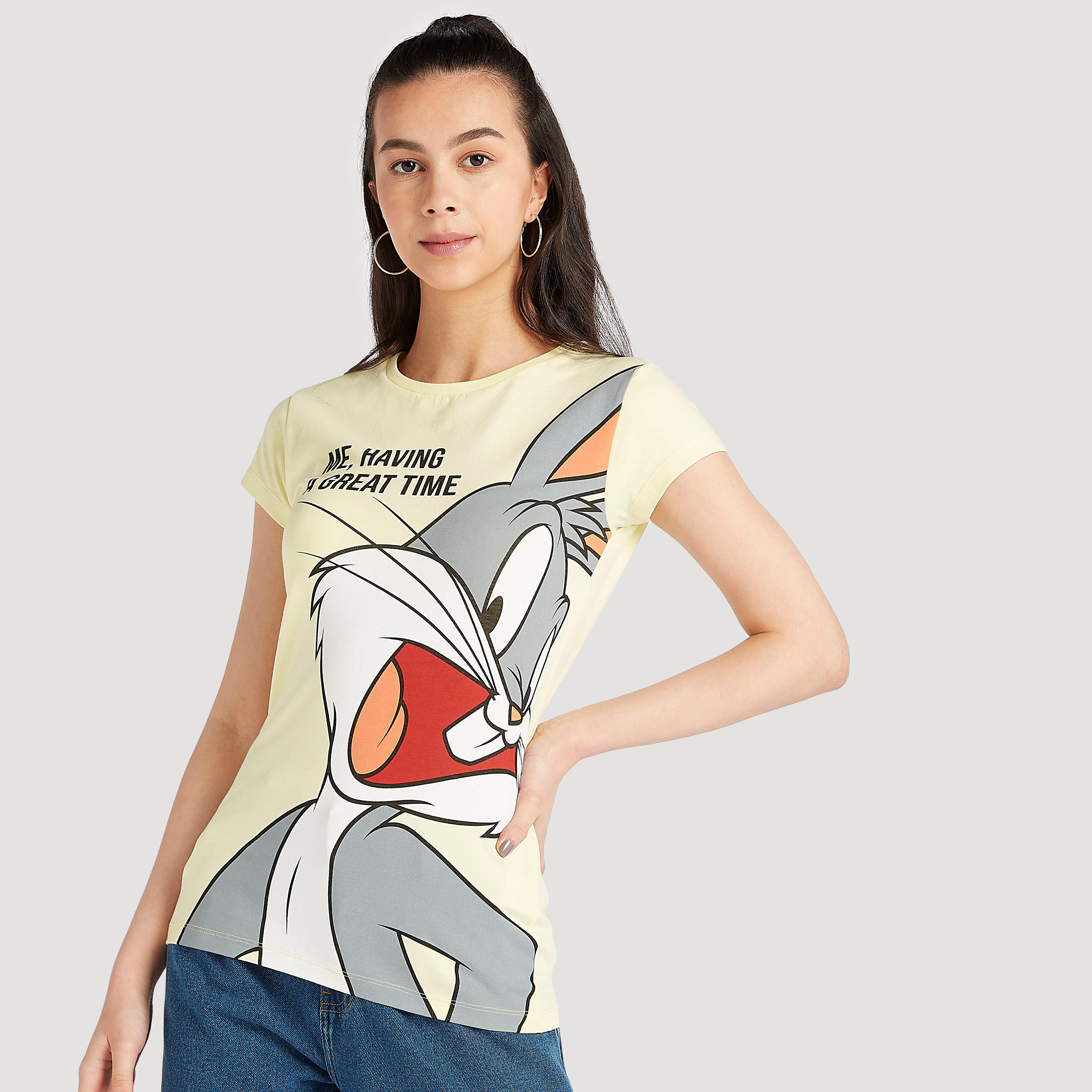 Bugs Bunny Print T-shirt with Cap Sleeves and Crew Neck-women-clothing-tshirts-image-5