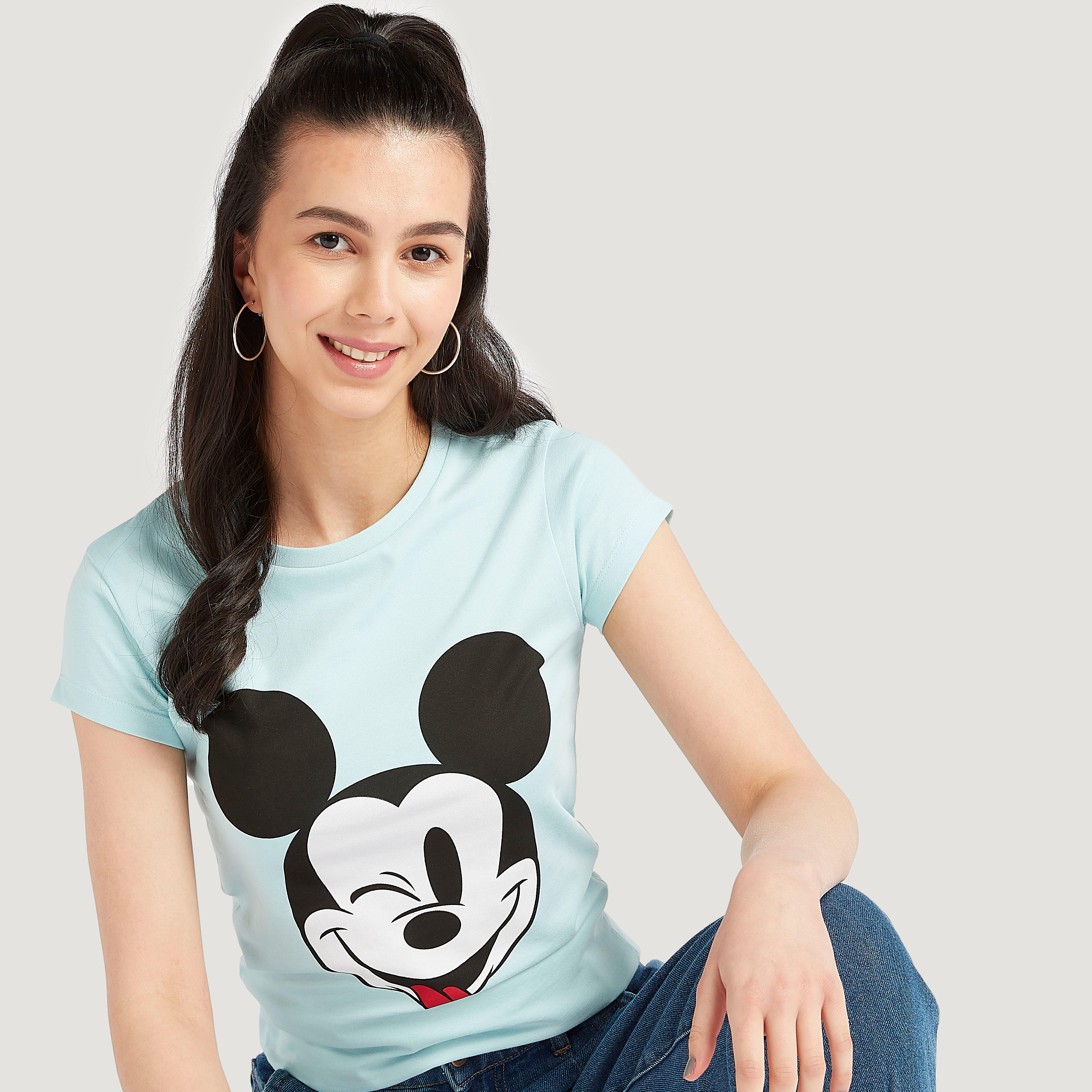تيشيرت بياقة ضيّقة وأكمام كاب وطبعات ميكي ماوس-women-clothing-tshirts-image-1