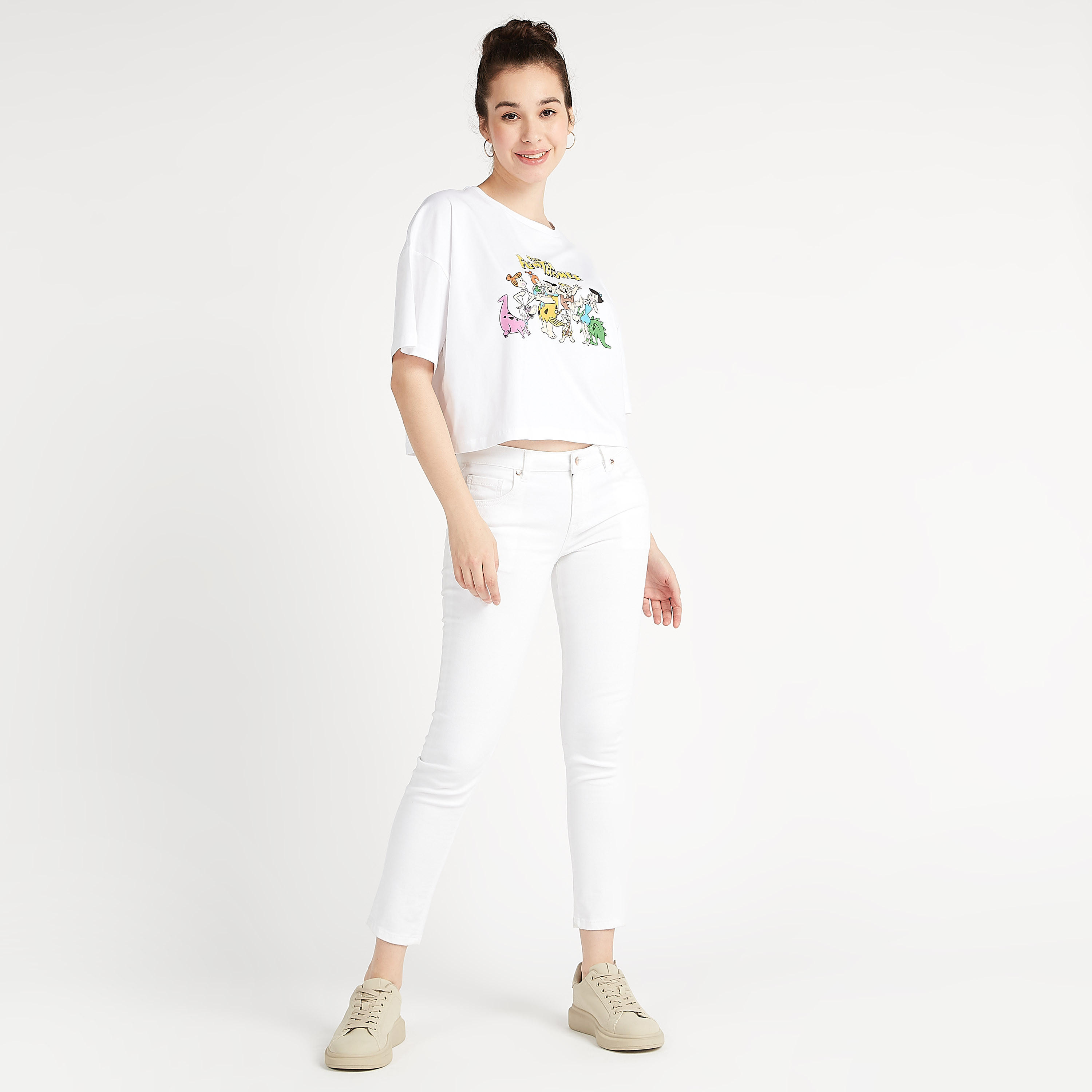 The Flintstones Print Crew Neck T-shirt with Short Sleeves-women-clothing-tshirts-image-2