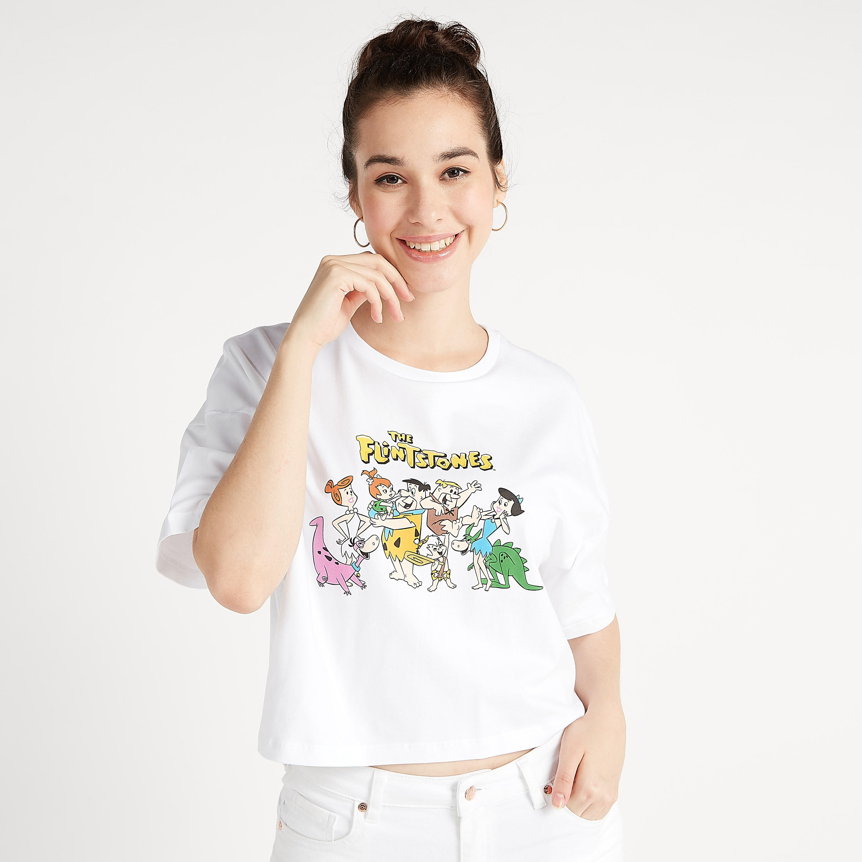 The Flintstones Print Crew Neck T-shirt with Short Sleeves-women-clothing-tshirts-image-3
