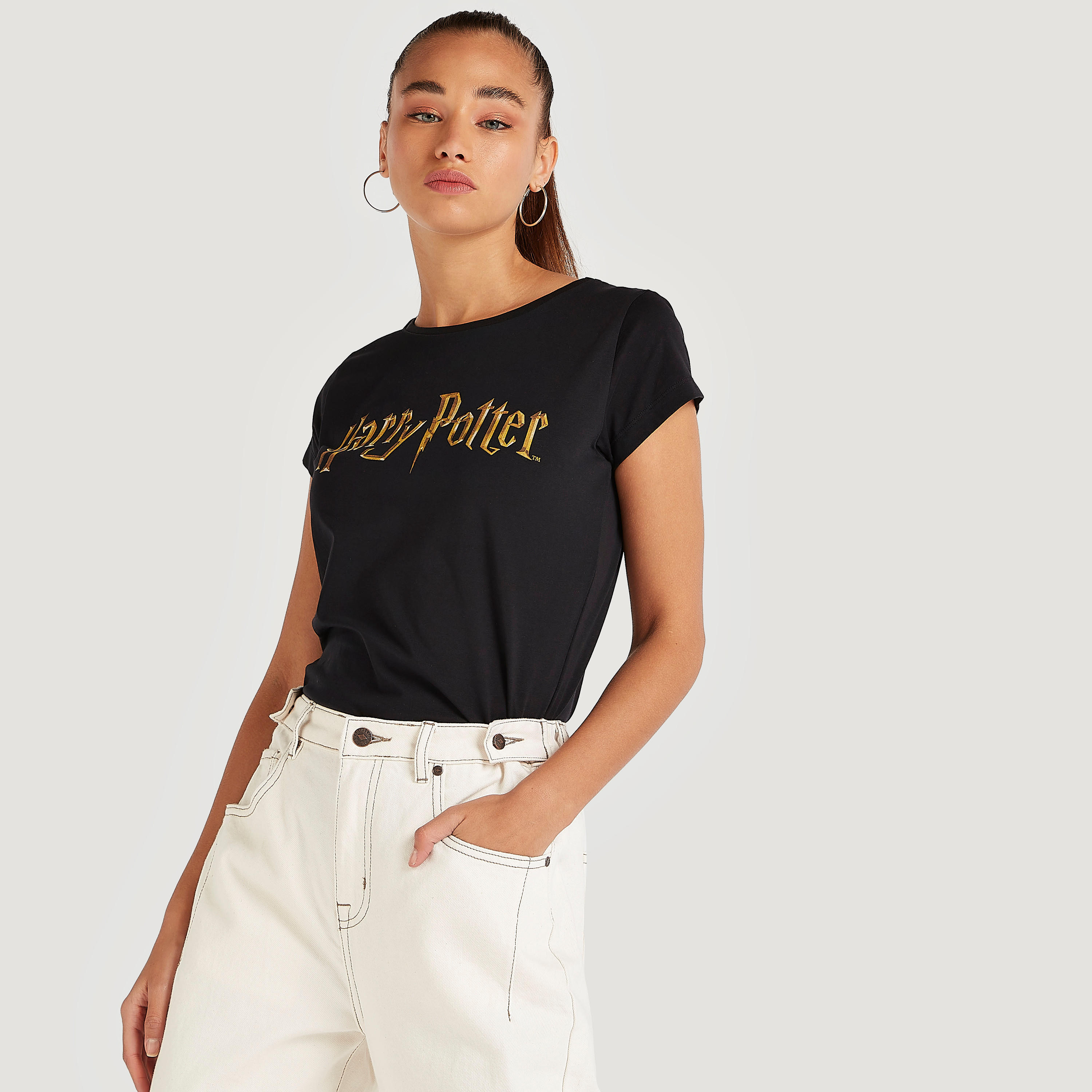 Harry Potter Print T-shirt with Cap Sleeves and Crew Neck-women-clothing-tshirts-image-1