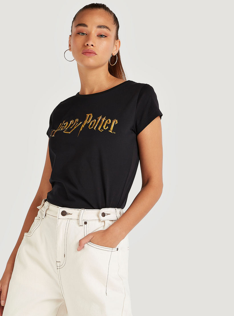 Harry Potter Print T-shirt with Cap Sleeves and Crew Neck-women-clothing-tshirts-image-1