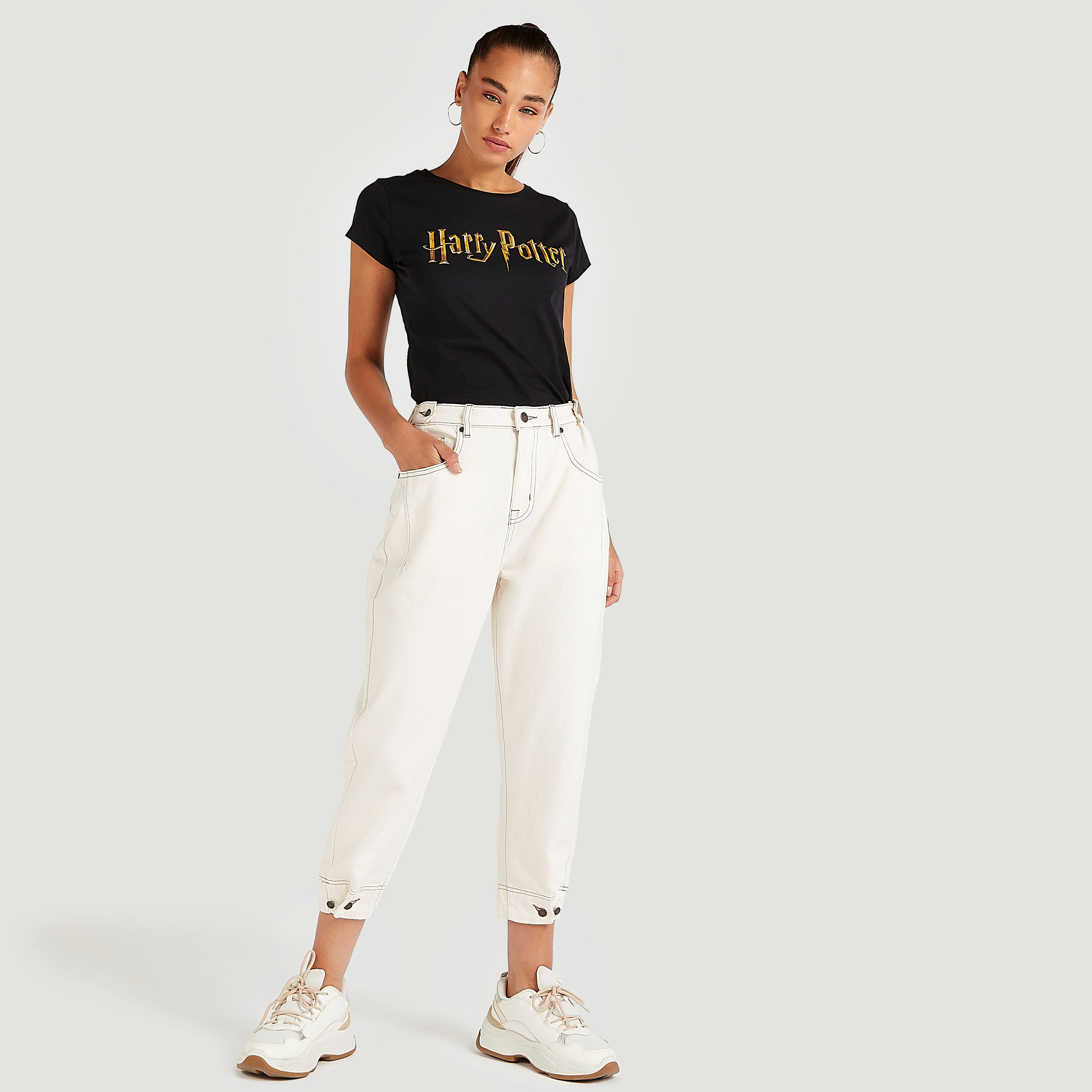 Harry Potter Print T-shirt with Cap Sleeves and Crew Neck-women-clothing-tshirts-image-2