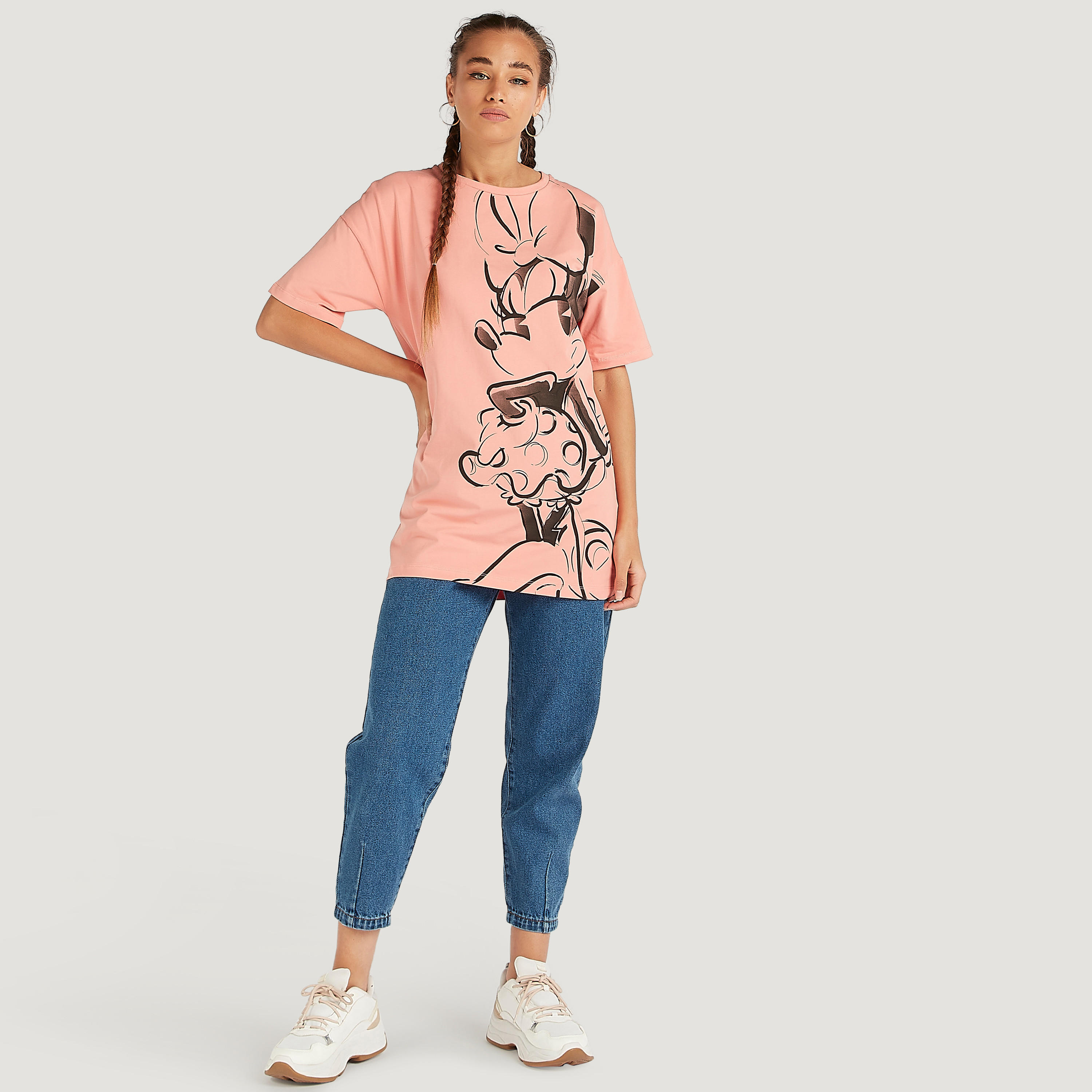Minnie Mouse Print Crew Neck Longline T-shirt with Short Sleeves-women-clothing-tshirts-image-3