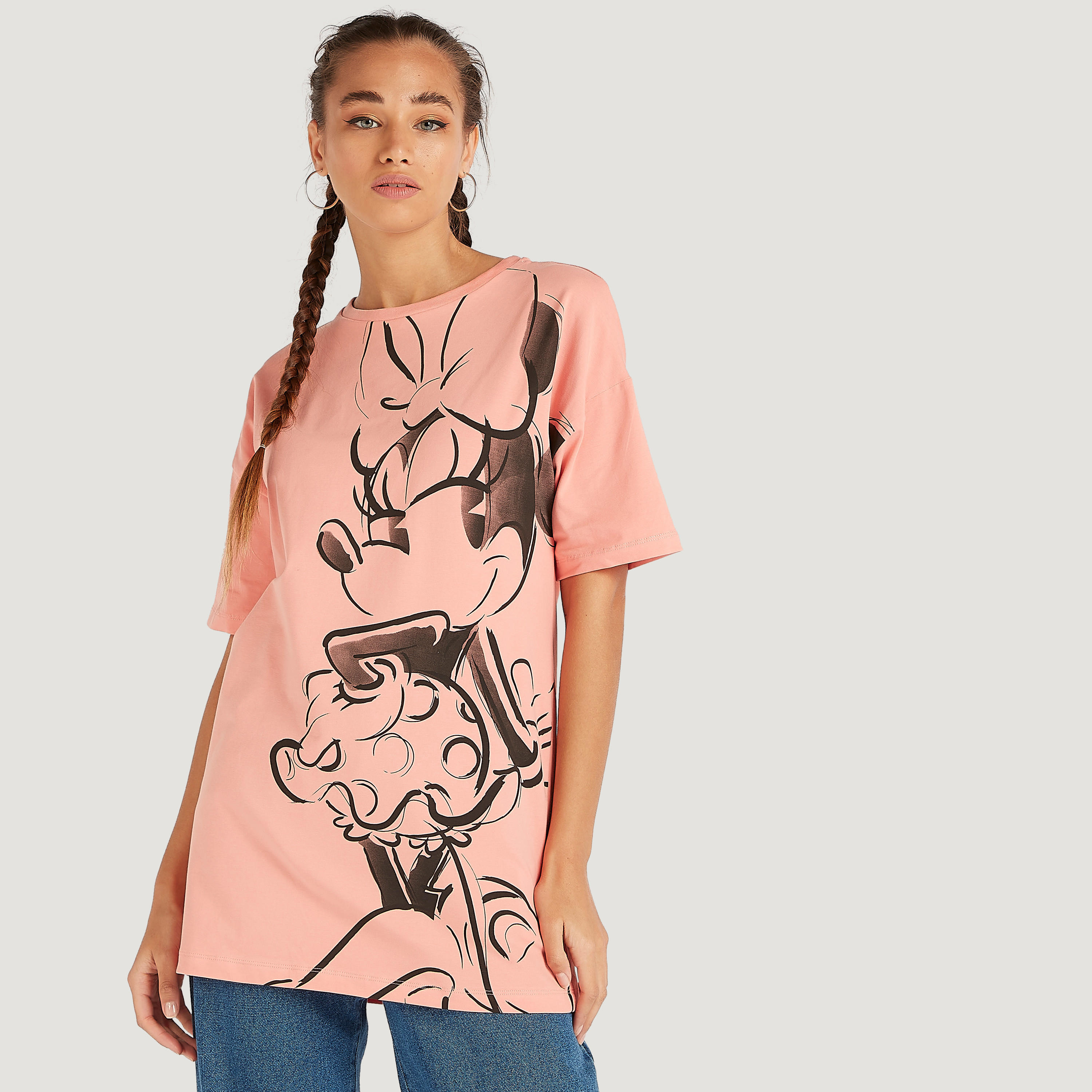 Minnie Mouse Print Crew Neck Longline T-shirt with Short Sleeves-women-clothing-tshirts-image-5