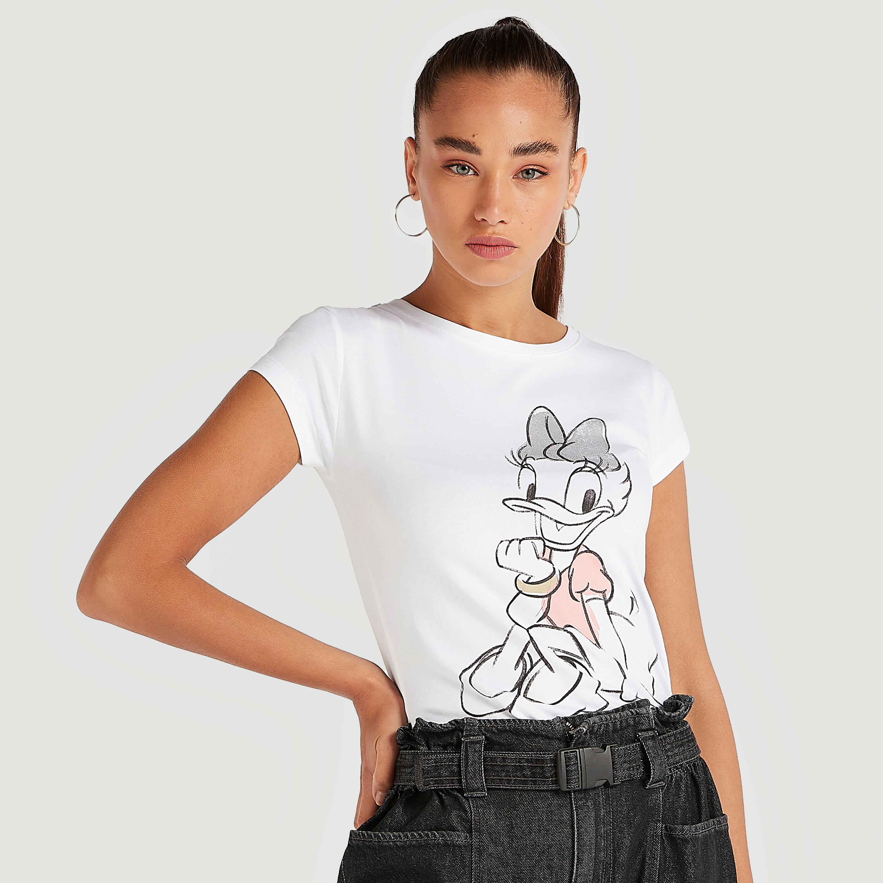 Daisy Duck Print T-shirt with Cap Sleeves and Crew Neck-women-clothing-tshirts-image-1
