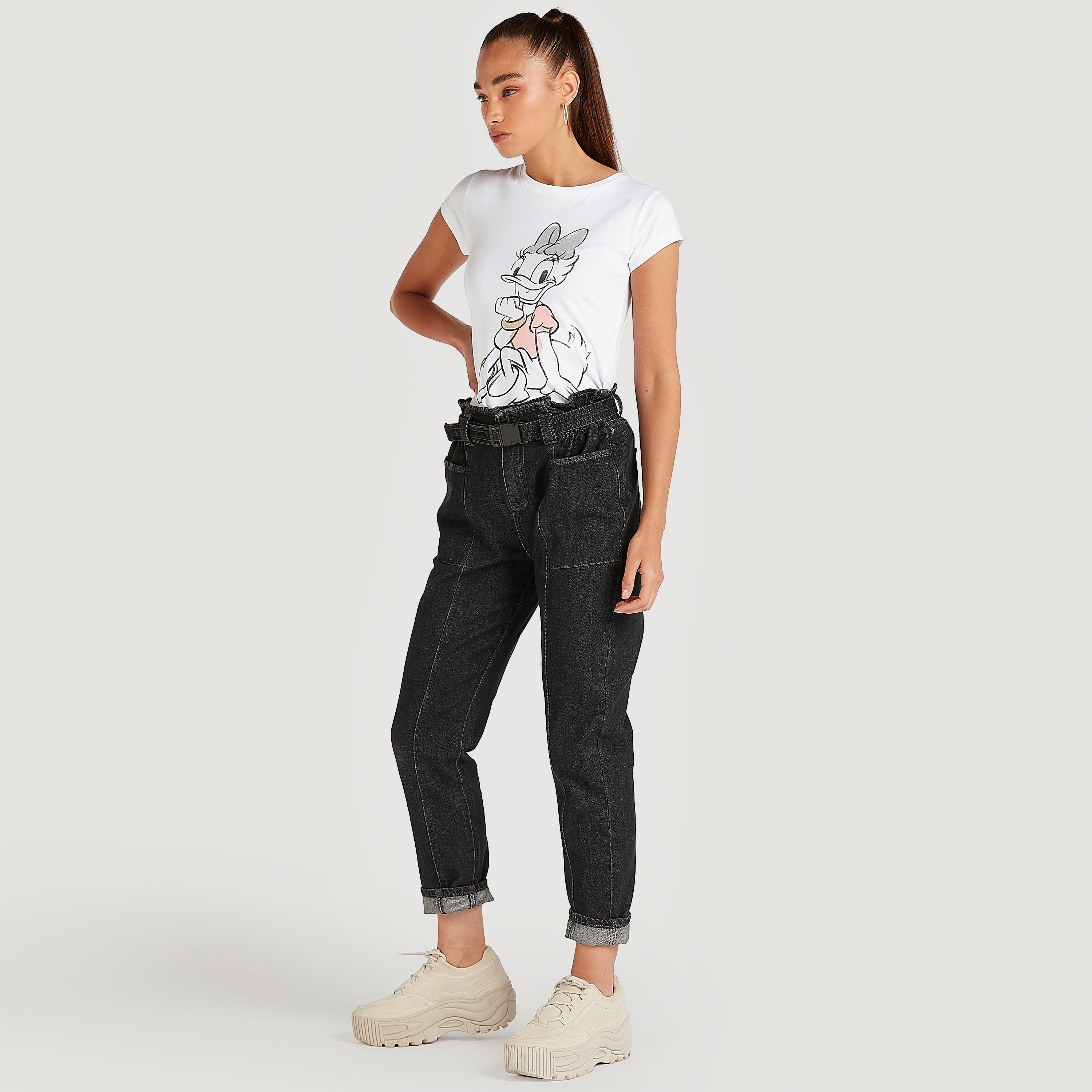 Daisy Duck Print T-shirt with Cap Sleeves and Crew Neck-women-clothing-tshirts-image-2