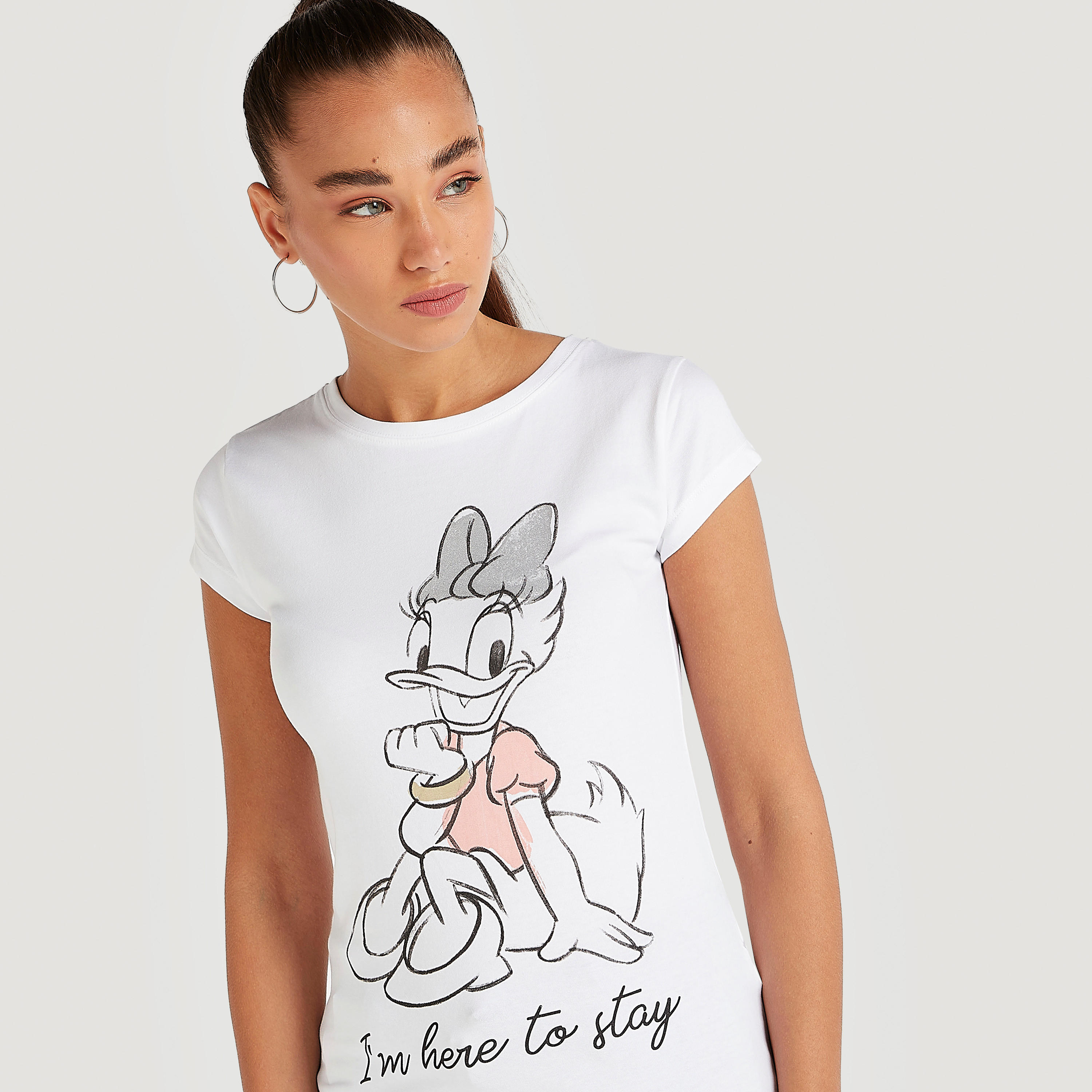 Daisy Duck Print T-shirt with Cap Sleeves and Crew Neck-women-clothing-tshirts-image-3
