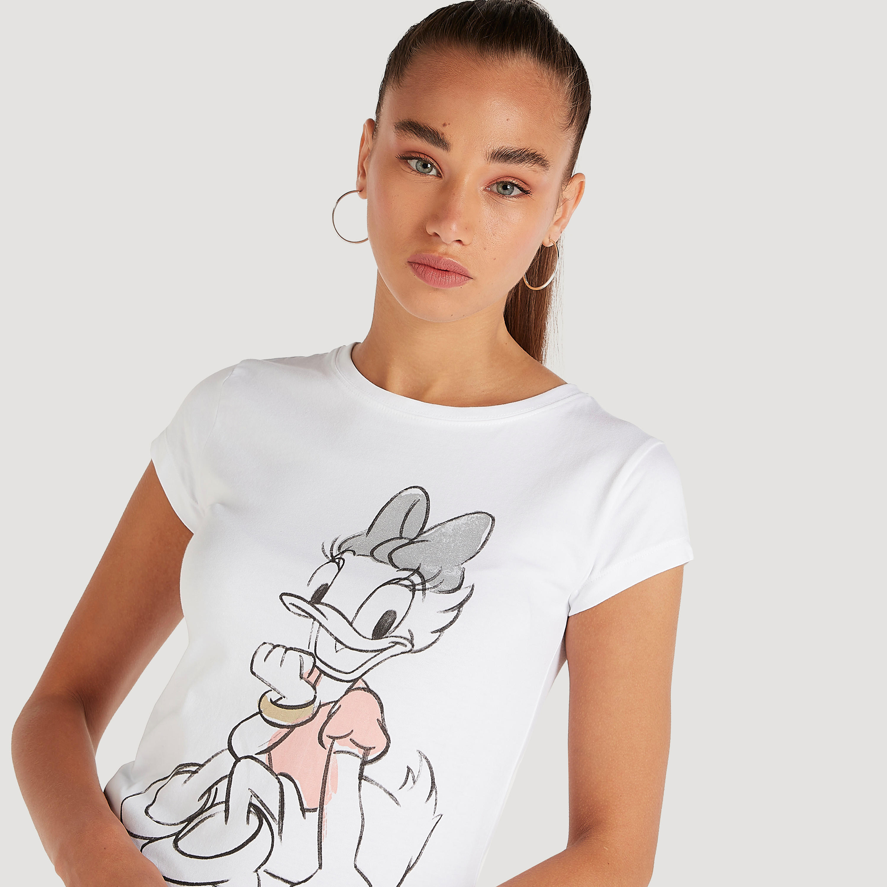 Daisy Duck Print T-shirt with Cap Sleeves and Crew Neck-women-clothing-tshirts-image-5