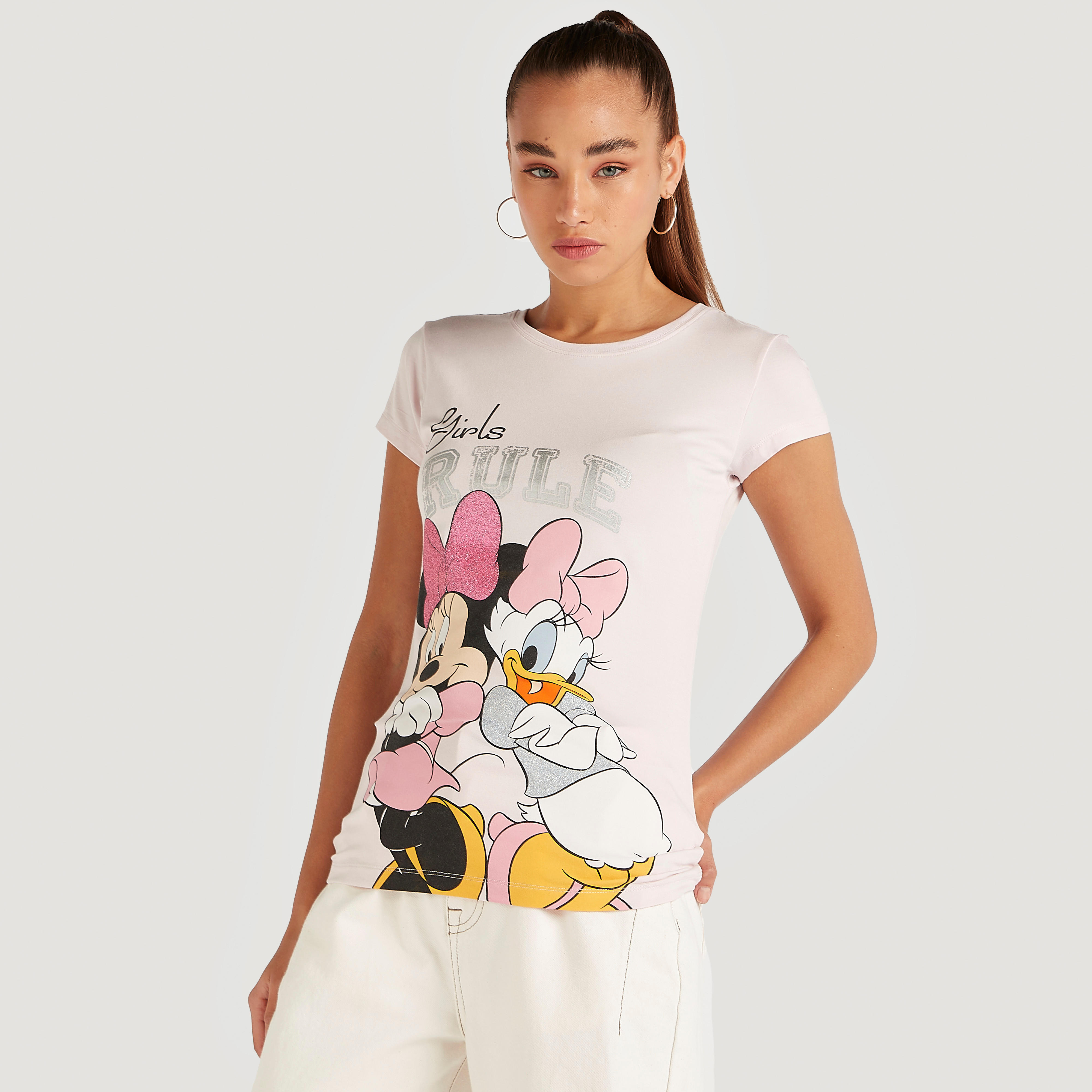 تيشيرت بأكمام كاب وطبعات ميني أند دايزي-women-clothing-tshirts-image-5