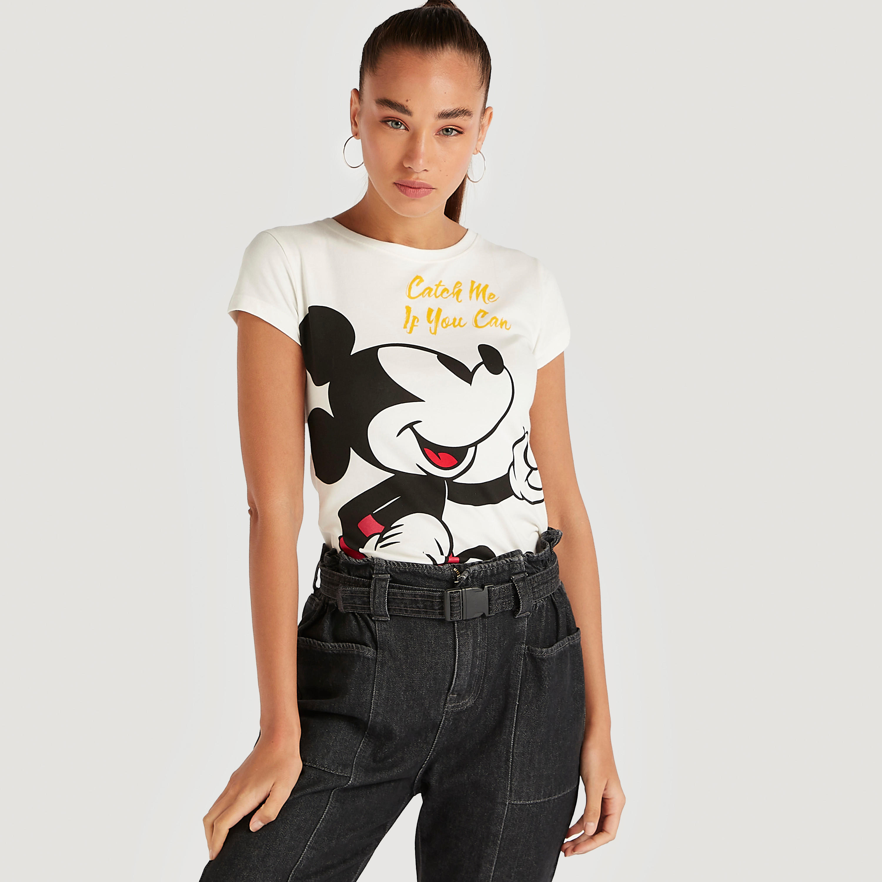 Mickey Mouse Print T-shirt with Cap Sleeves and Crew Neck-women-clothing-tshirts-image-1