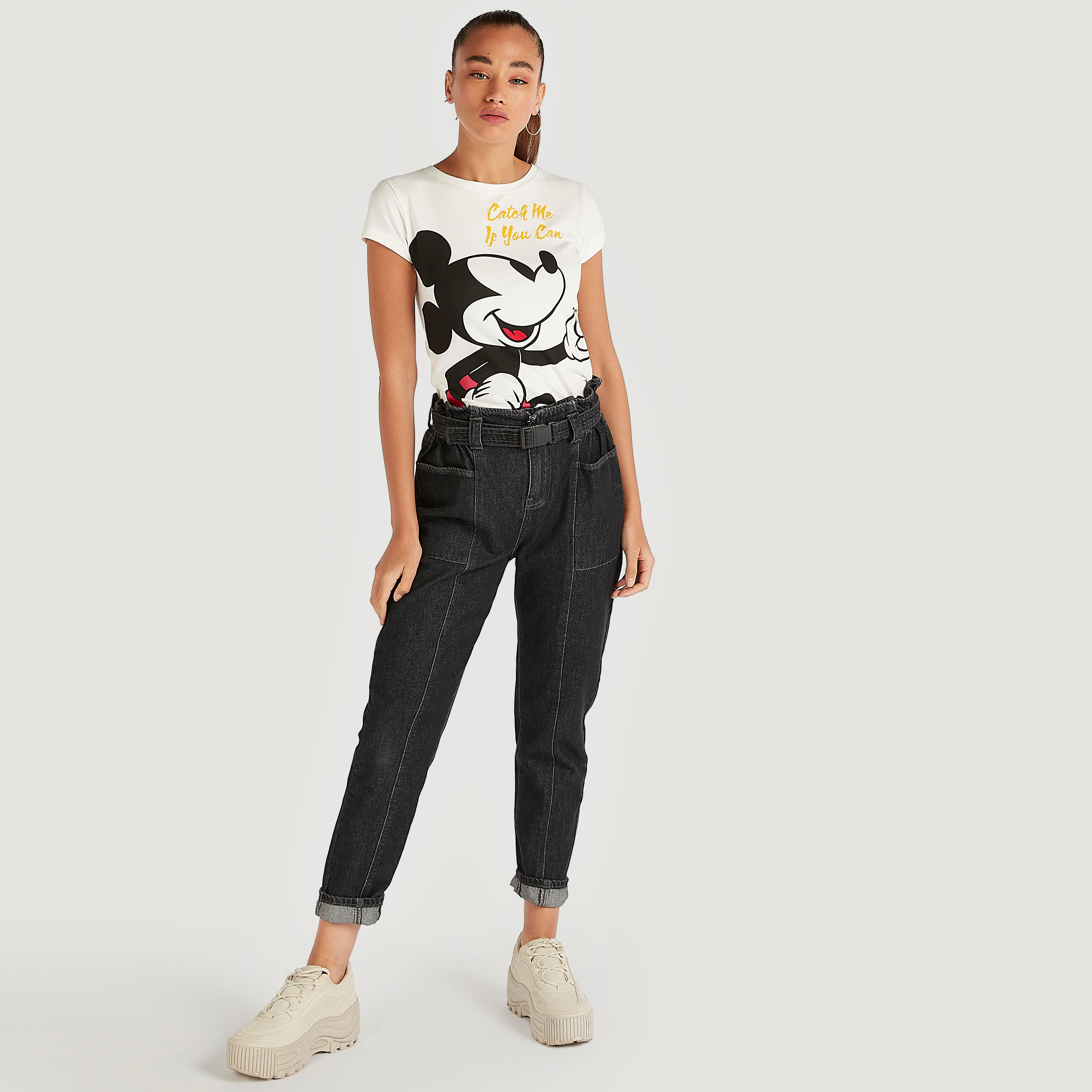 Mickey Mouse Print T-shirt with Cap Sleeves and Crew Neck-women-clothing-tshirts-image-2