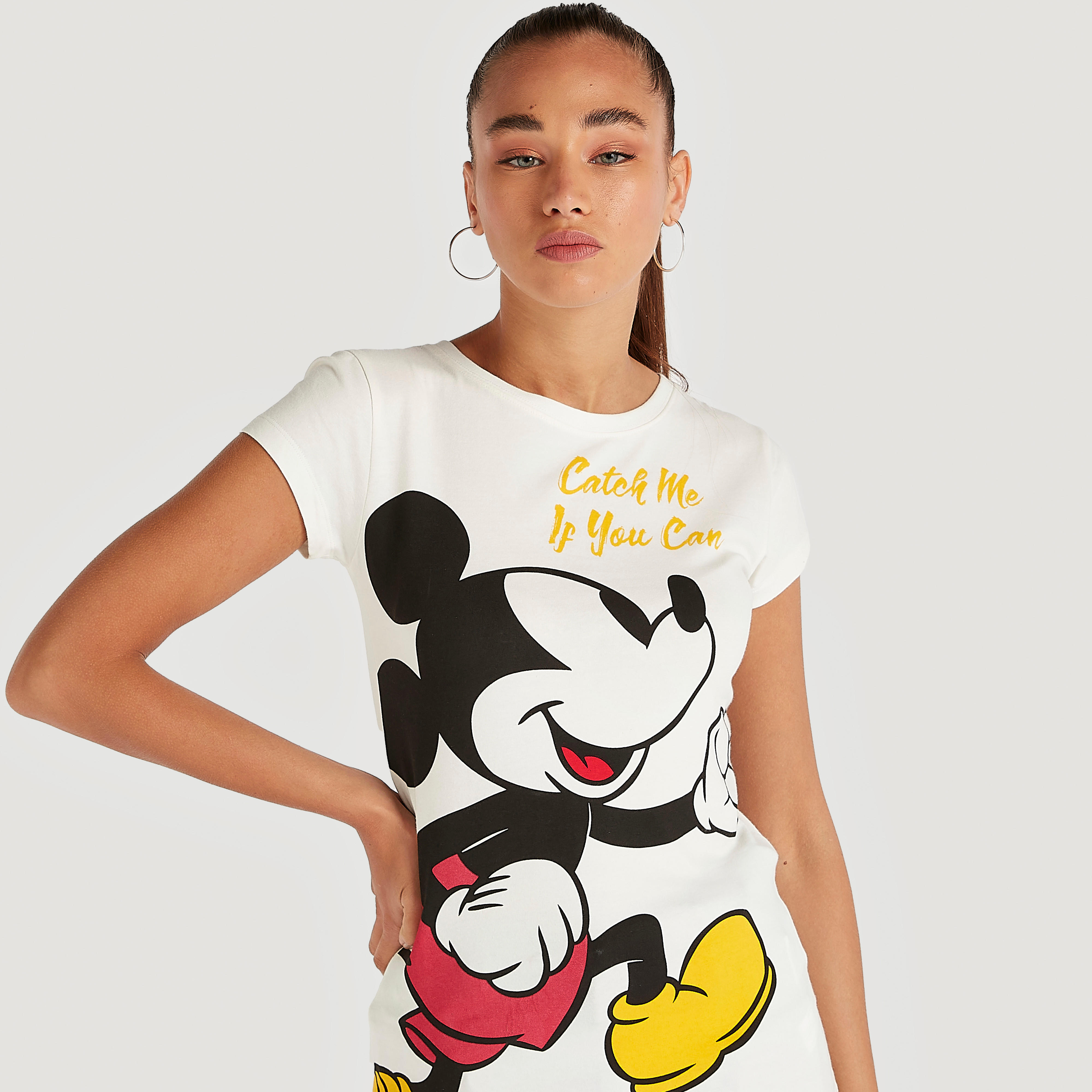 Mickey Mouse Print T-shirt with Cap Sleeves and Crew Neck-women-clothing-tshirts-image-3