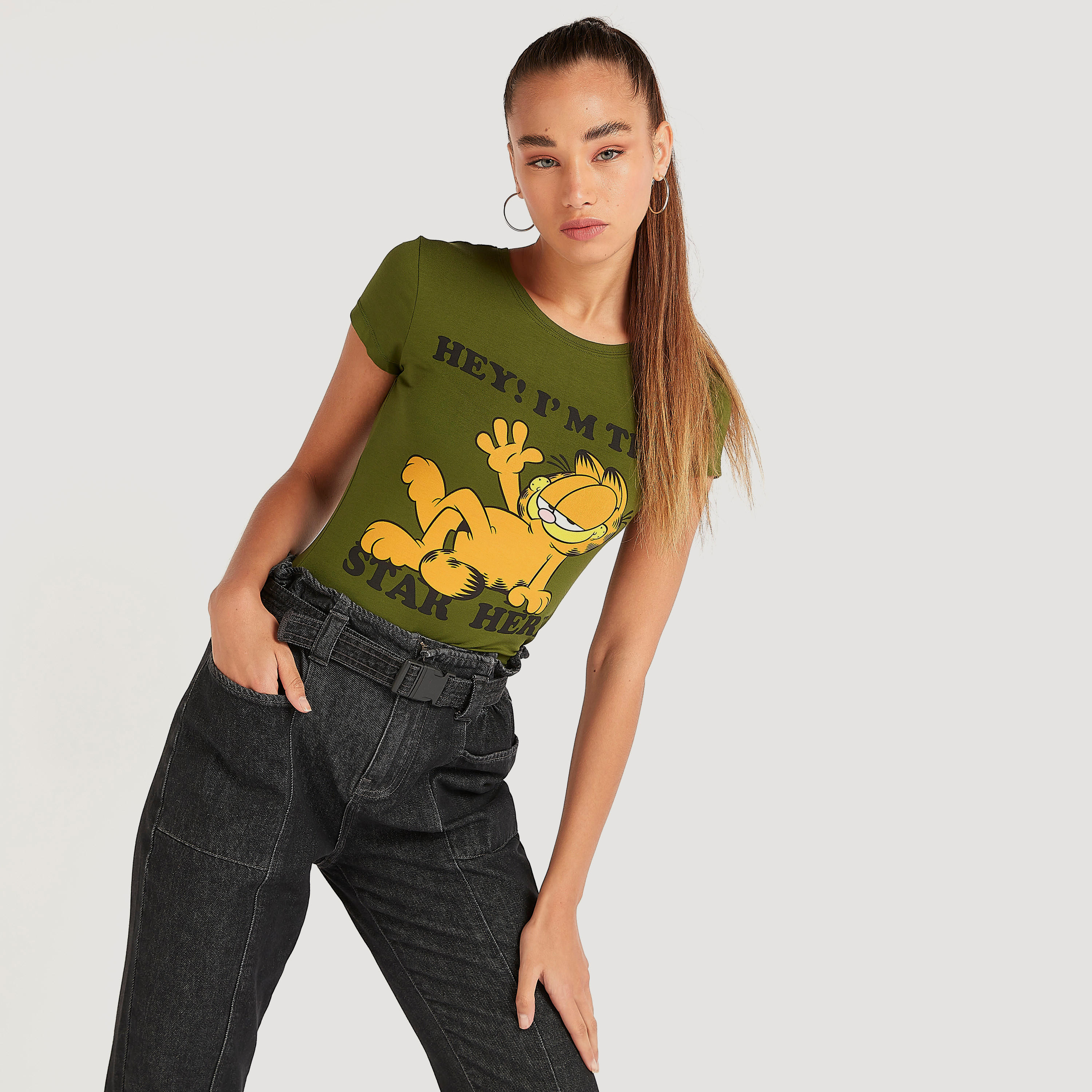 Garfield Print T-shirt with Cap Sleeves and Crew Neck-women-clothing-tshirts-image-1