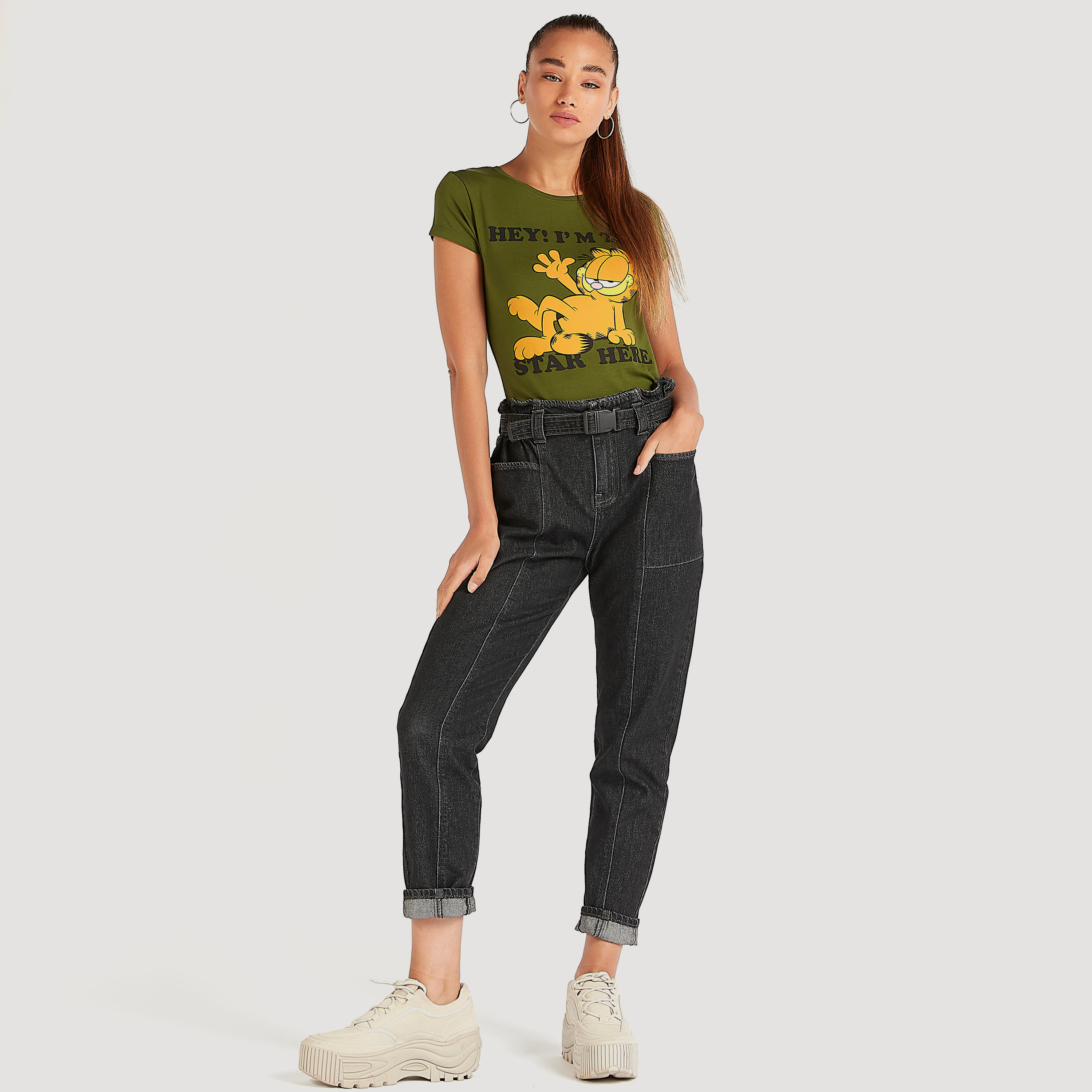 Garfield Print T-shirt with Cap Sleeves and Crew Neck-women-clothing-tshirts-image-2