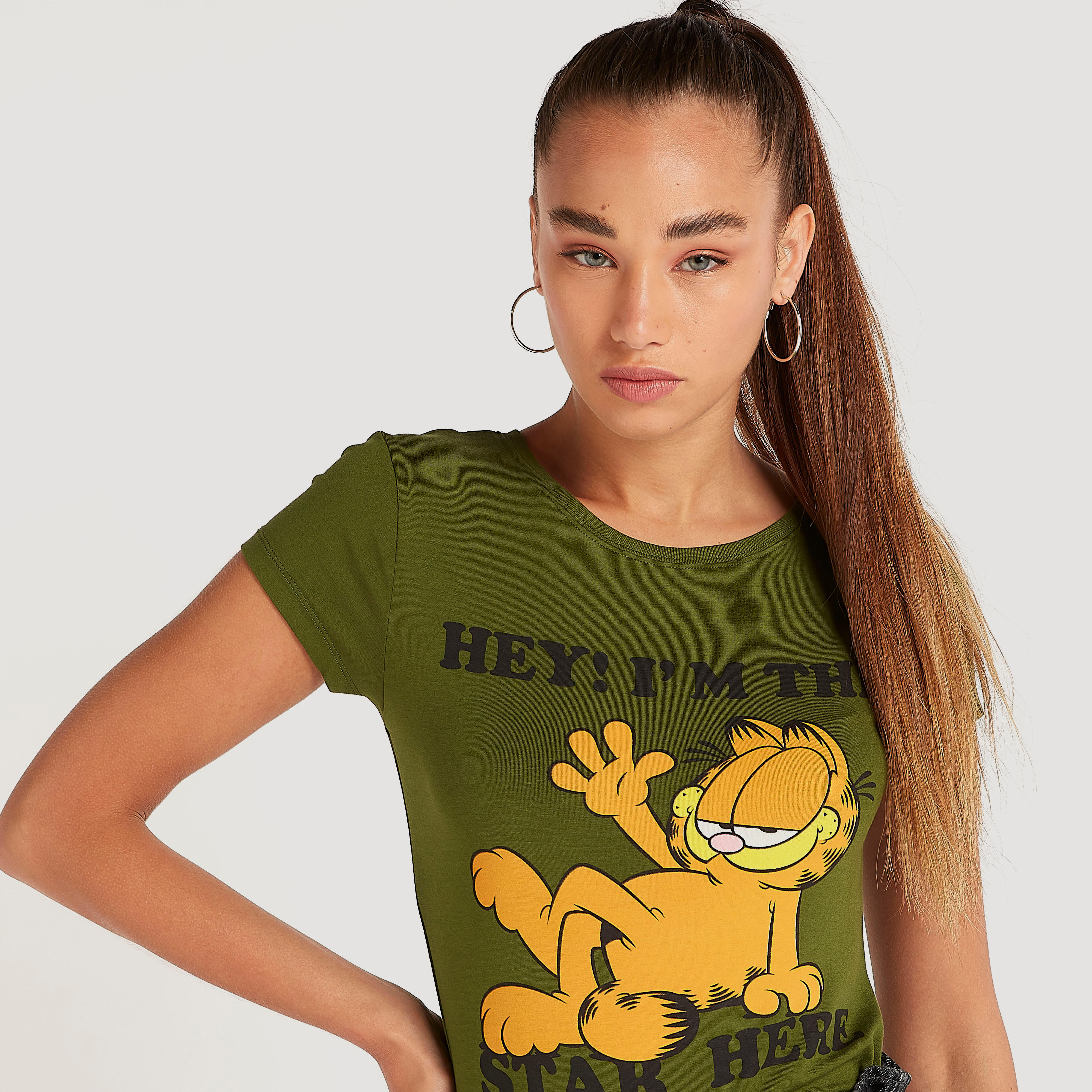 Garfield Print T-shirt with Cap Sleeves and Crew Neck-women-clothing-tshirts-image-3