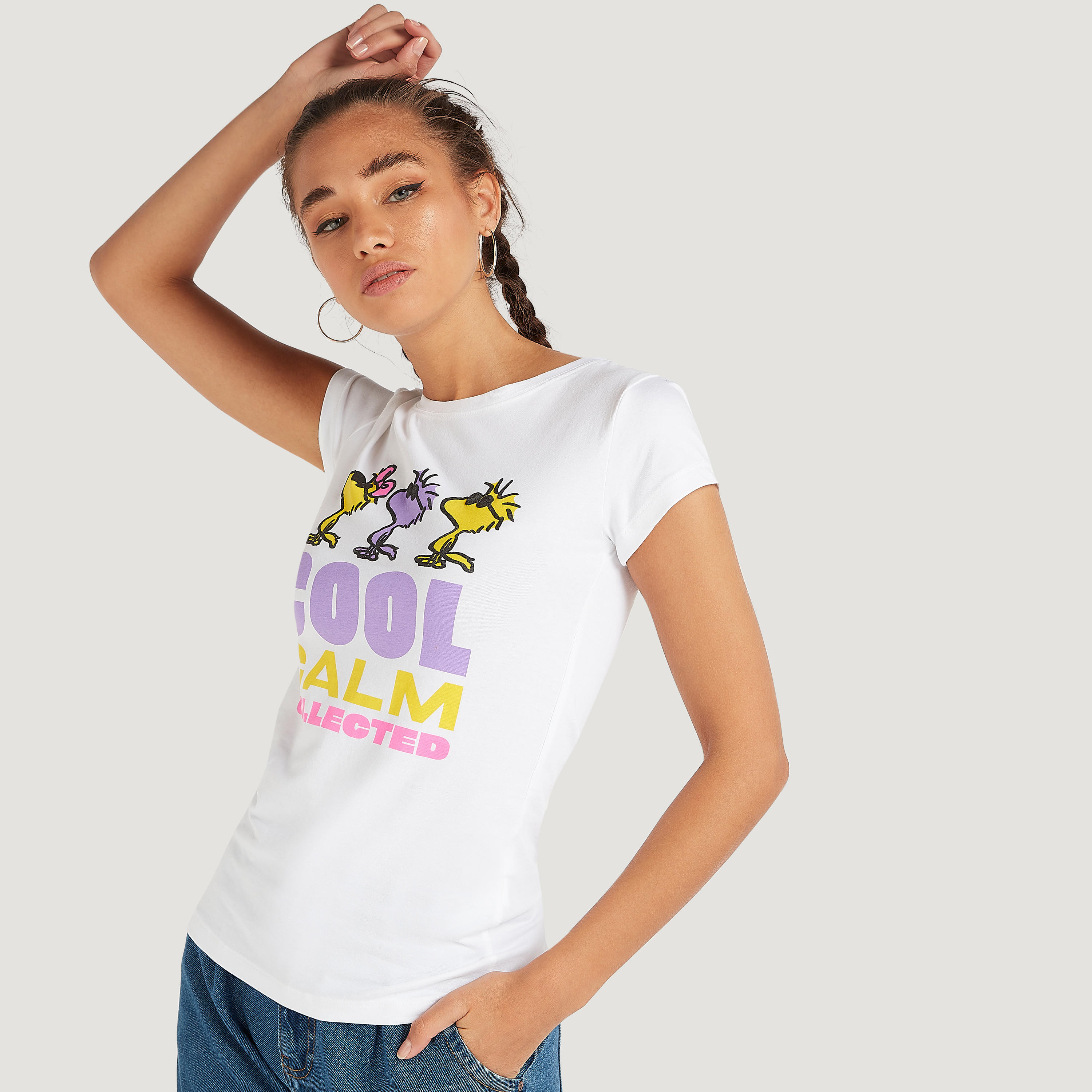 Printed Crew Neck T-shirt with Cap Sleeves-women-clothing-tshirts-image-5