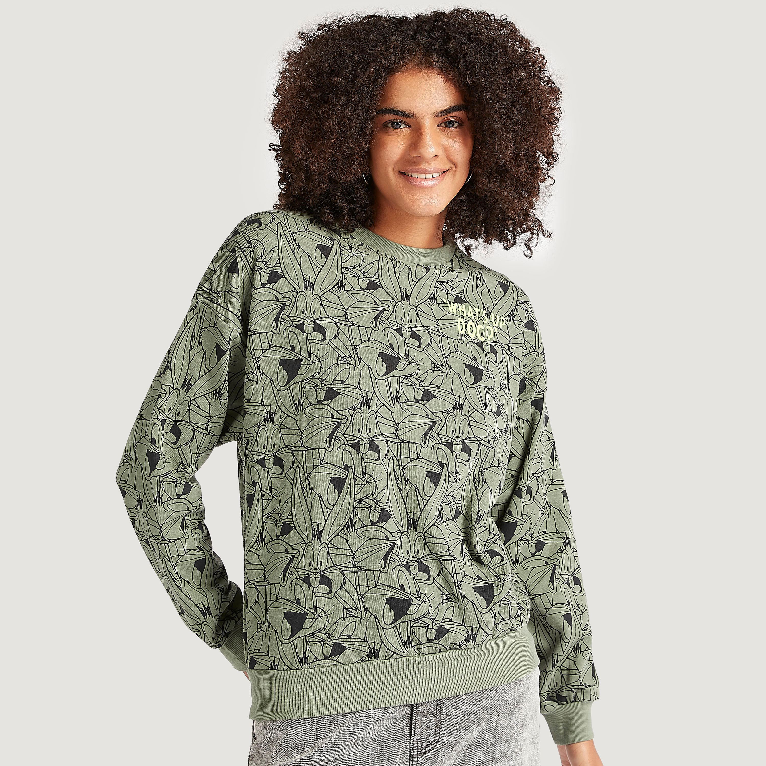 Bugs Bunny Print Crew Neck Sweatshirt with Long Sleeves-women-winterwear-hoodiesandsweatshirts-sweatshirts-image-1