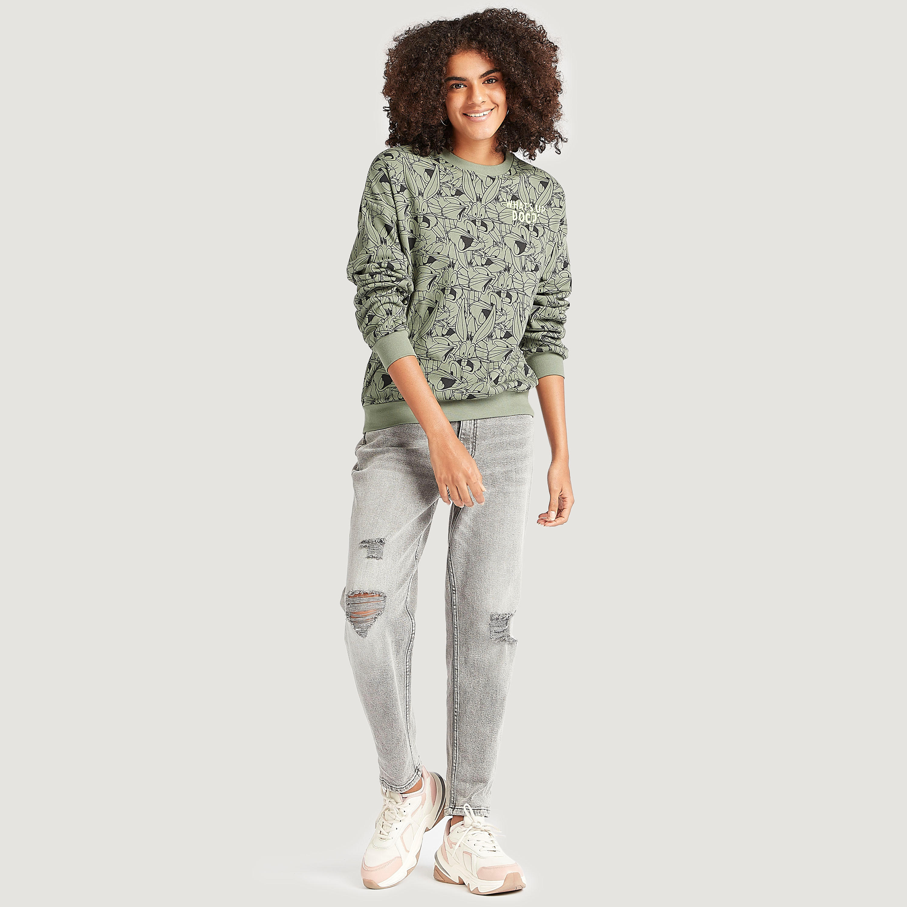 Bugs Bunny Print Crew Neck Sweatshirt with Long Sleeves-women-winterwear-hoodiesandsweatshirts-sweatshirts-image-2