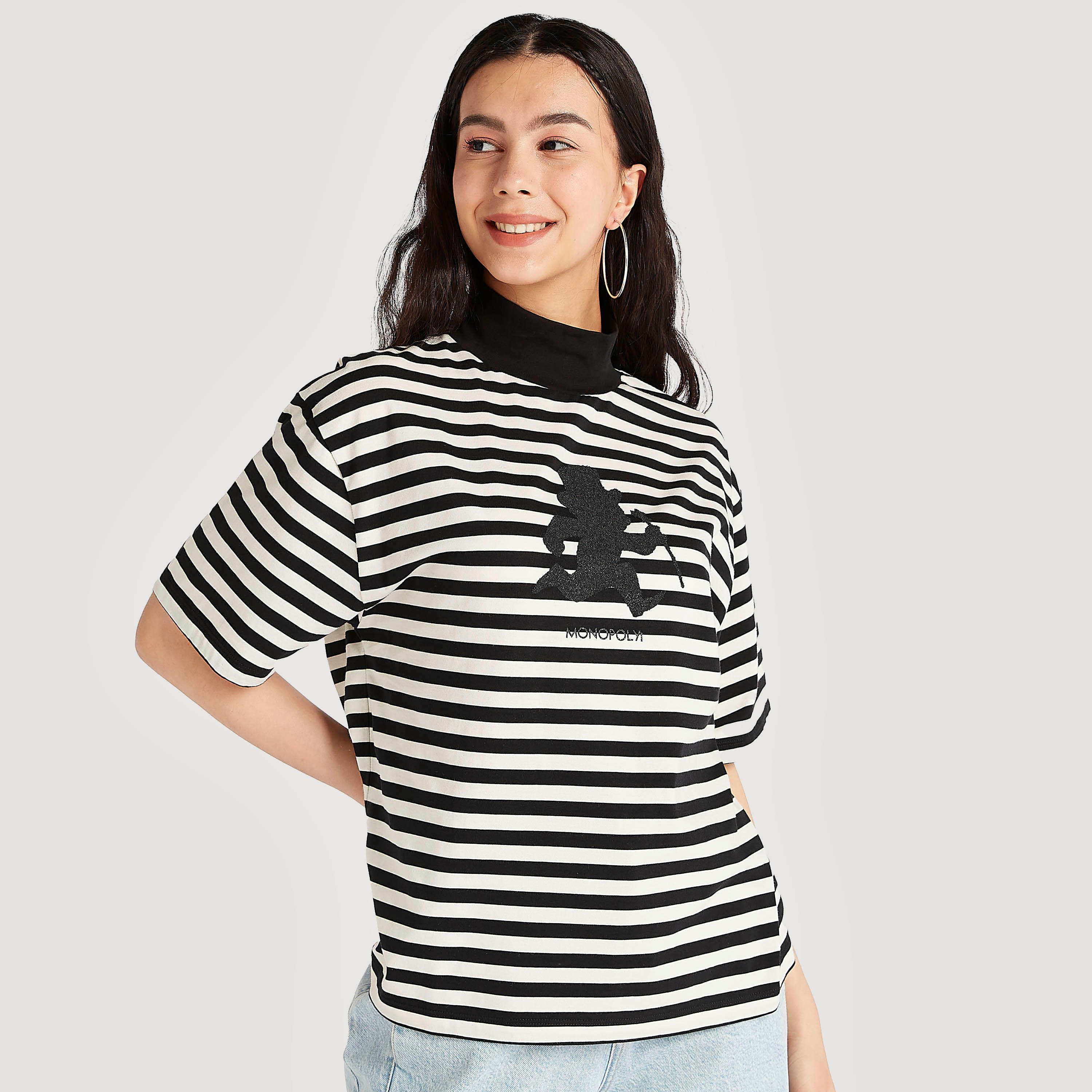 Monopoly Print T-shirt with Short Sleeves and High Neck-women-clothing-tshirts-image-1