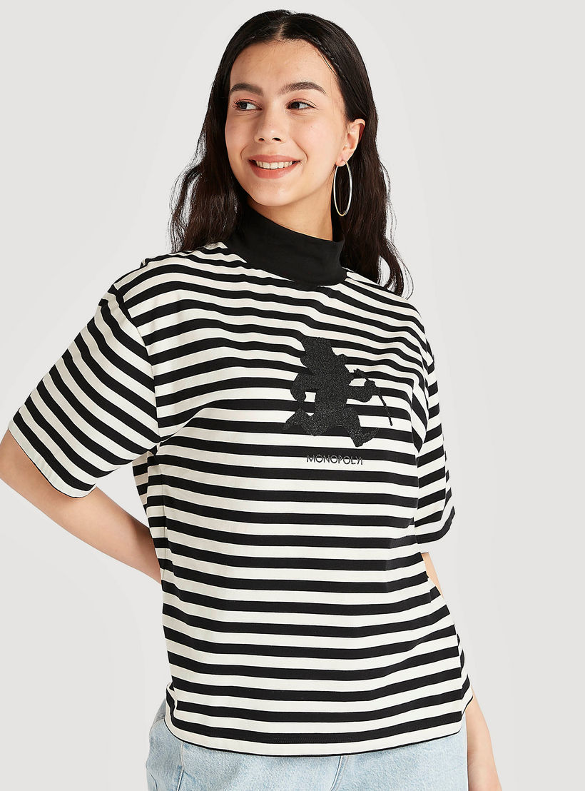 Monopoly Print T-shirt with Short Sleeves and High Neck-women-clothing-tshirts-image-1