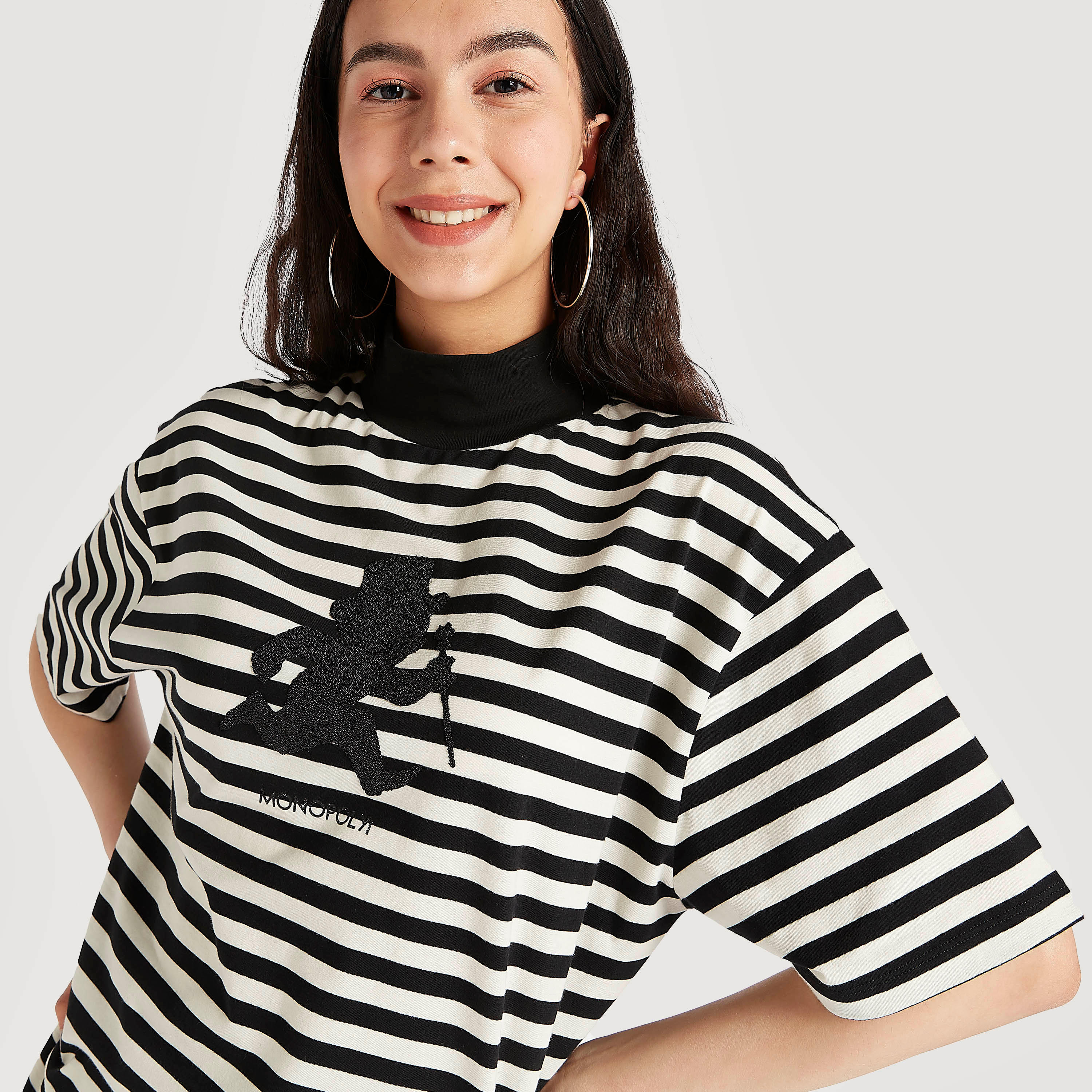 Monopoly Print T-shirt with Short Sleeves and High Neck-women-clothing-tshirts-image-3