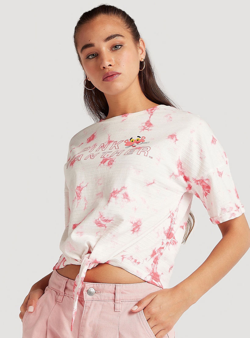 تيشيرت قصير بطبعات بينك بانتر مع أكمام قصيرة وأربطة-women-clothing-tshirts-image-5