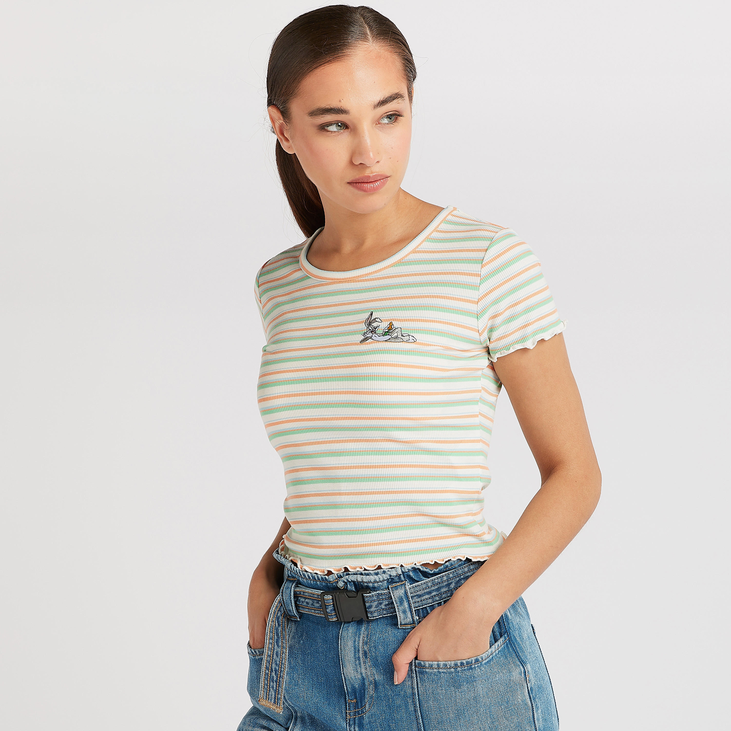 Bugs Bunny Embroidered Round Neck Crop T-shirt with Short Sleeves-women-clothing-tshirts-image-1