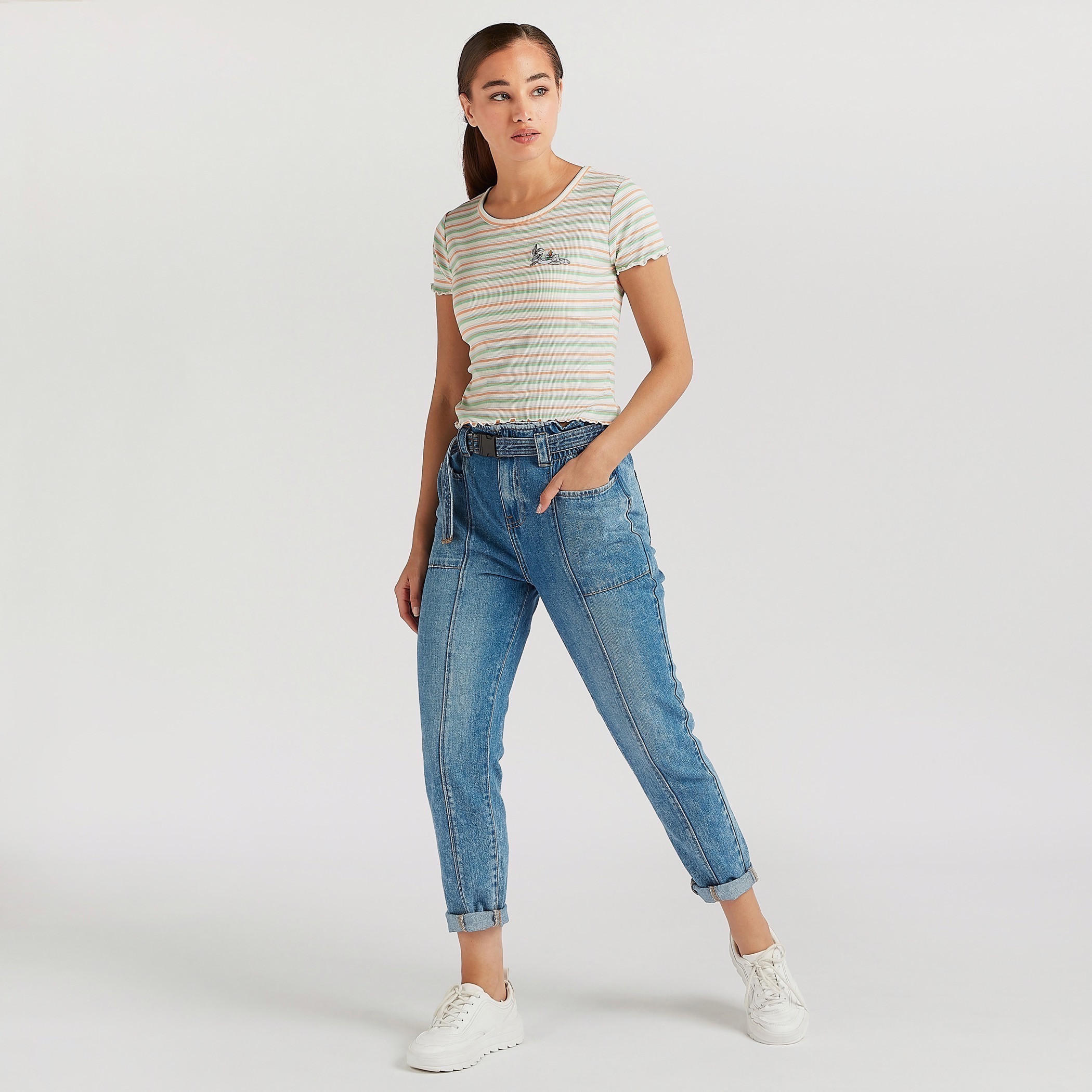Bugs Bunny Embroidered Round Neck Crop T-shirt with Short Sleeves-women-clothing-tshirts-image-2