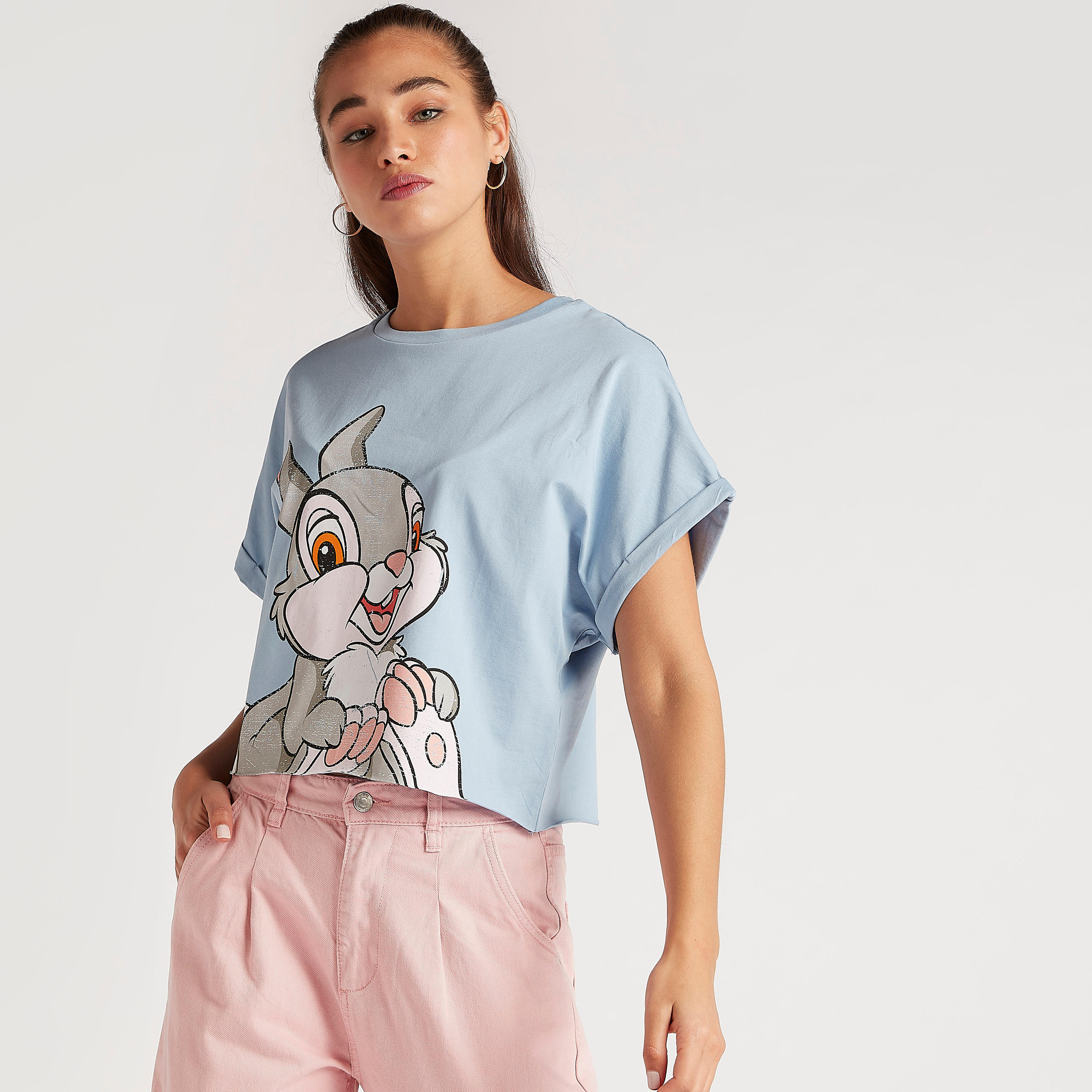 Thumper Print Crop T-shirt with Short Sleeves and Crew Neck-women-clothing-tshirts-image-1