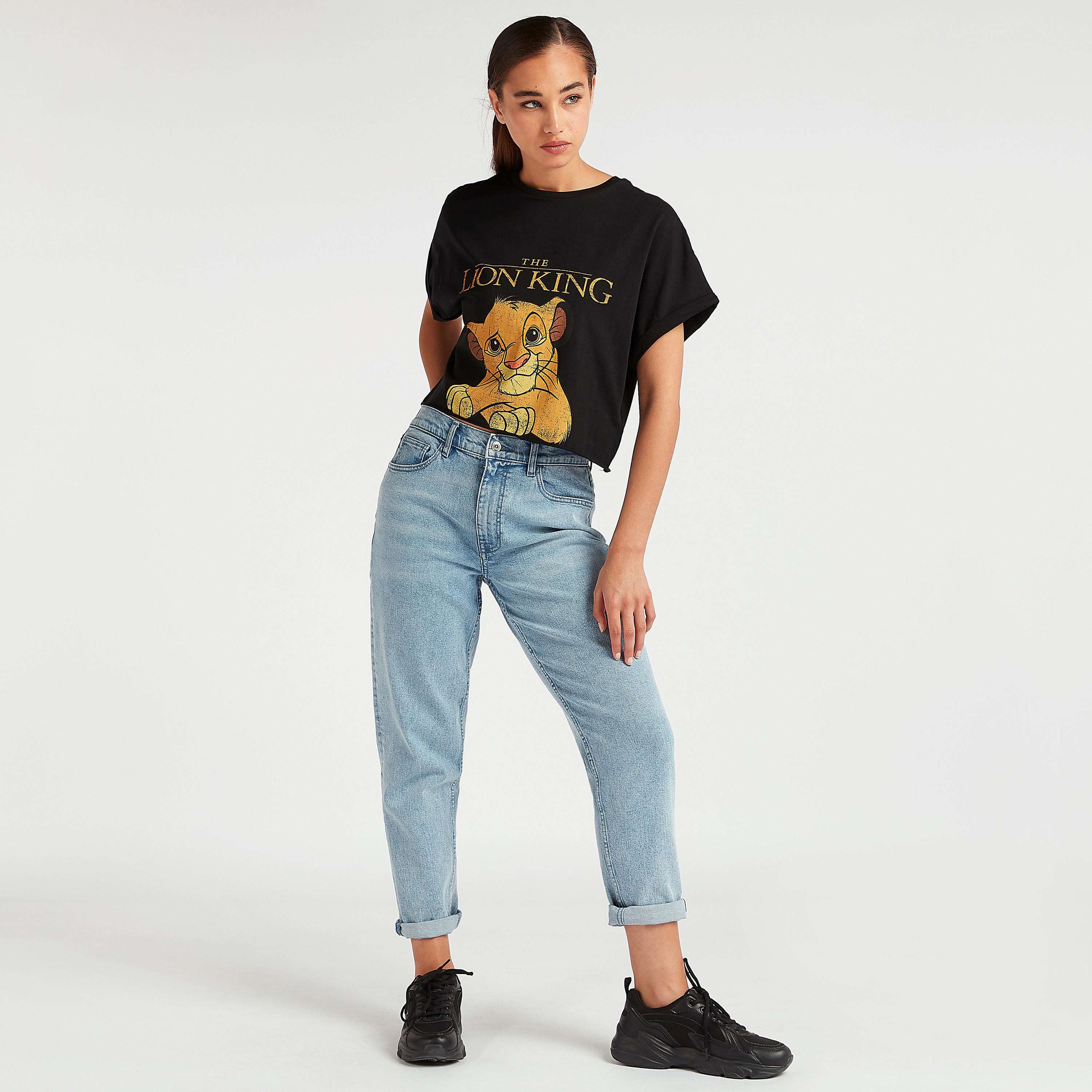 Simba Print Crew Neck T-shirt with Short Sleeves-women-clothing-tshirts-image-2