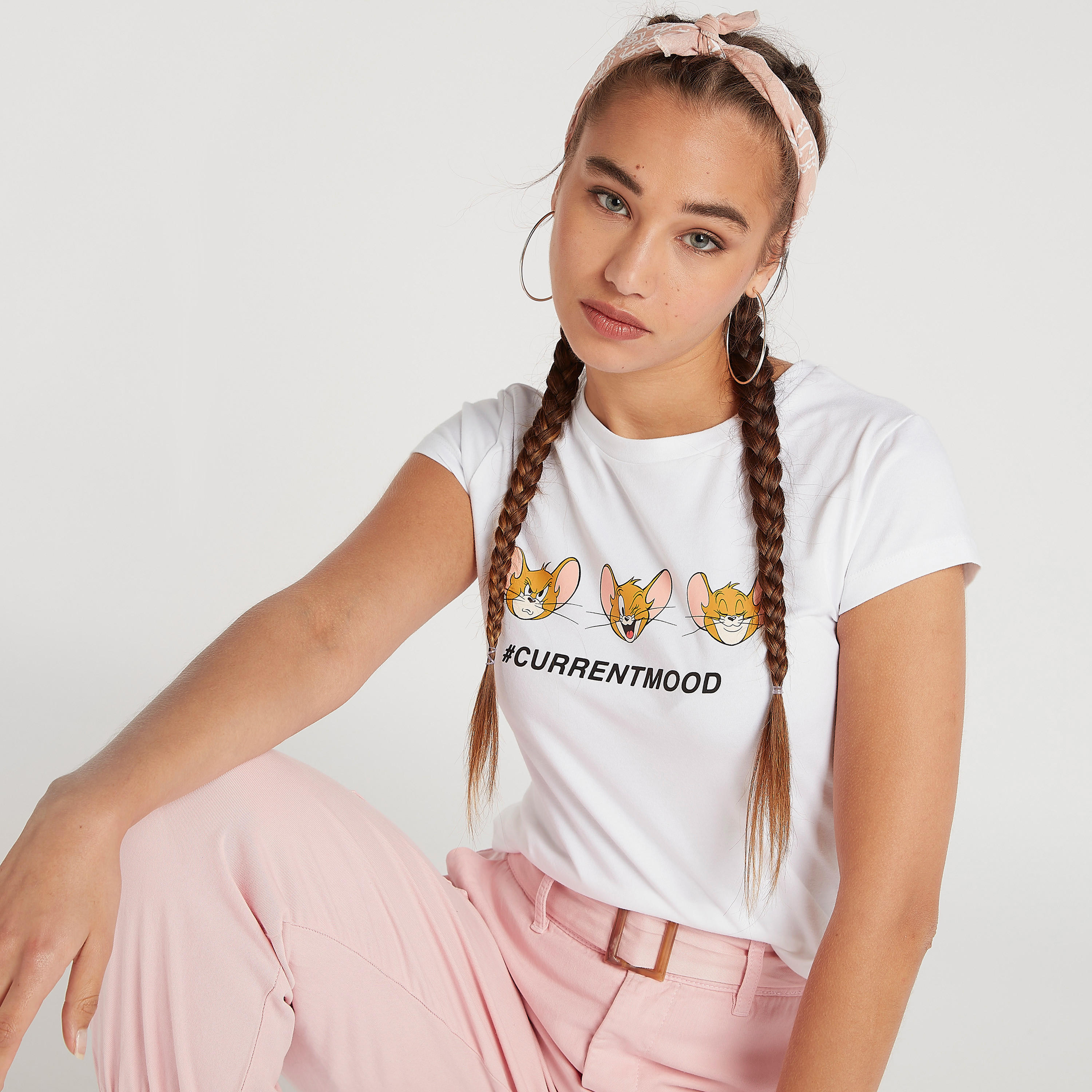 Jerry Print Crew Neck T-shirt with Cap Sleeves-women-clothing-tshirts-image-1