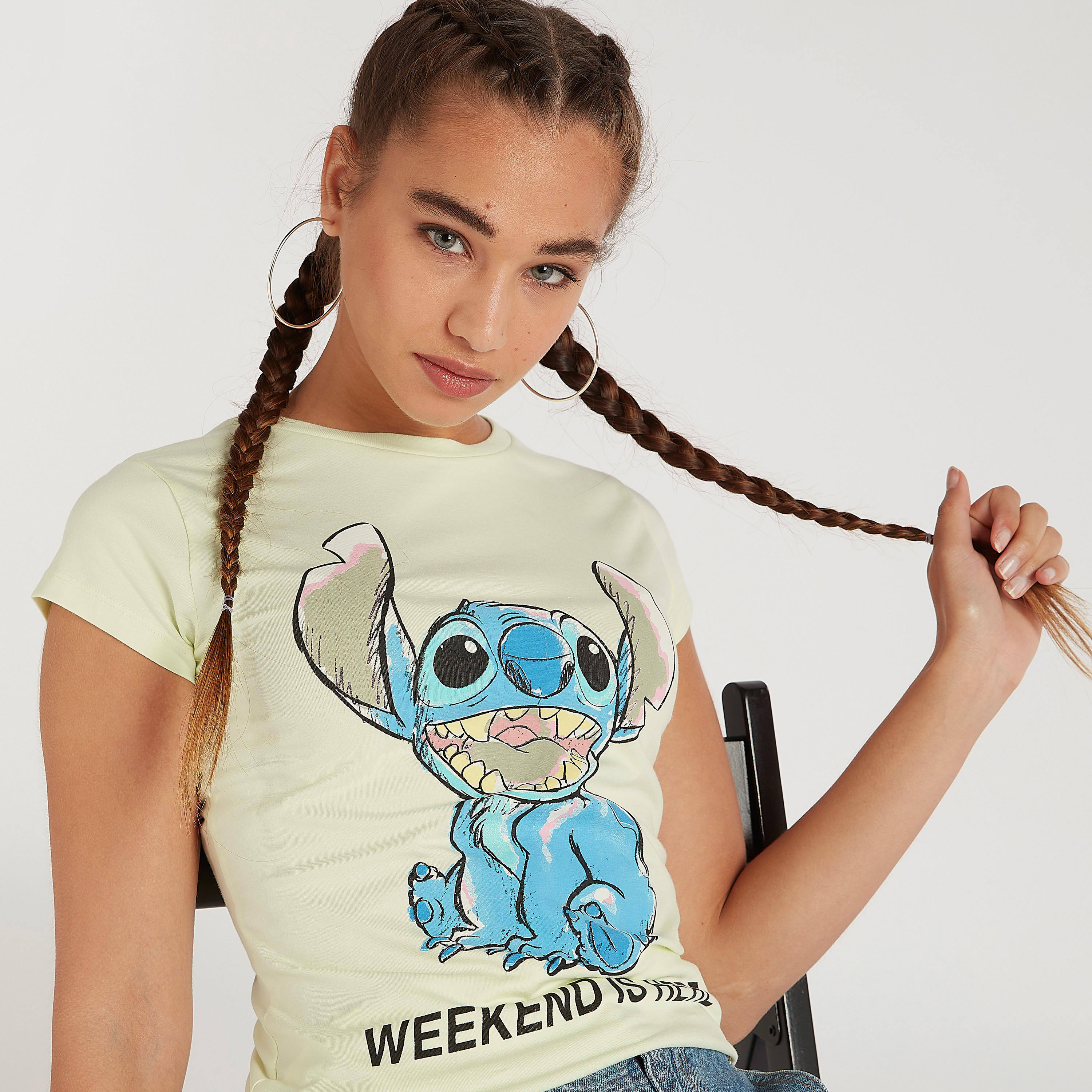 Stitch Print Crew Neck T-shirt with Cap Sleeves-women-clothing-tshirts-image-1
